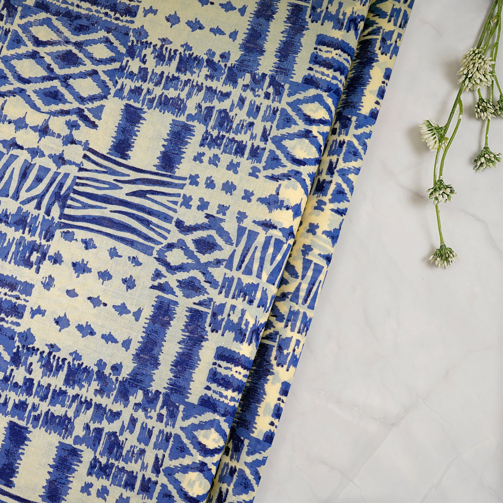 Off-White-Blue All Over Pattern Screen Print Fine Chanderi Fabric