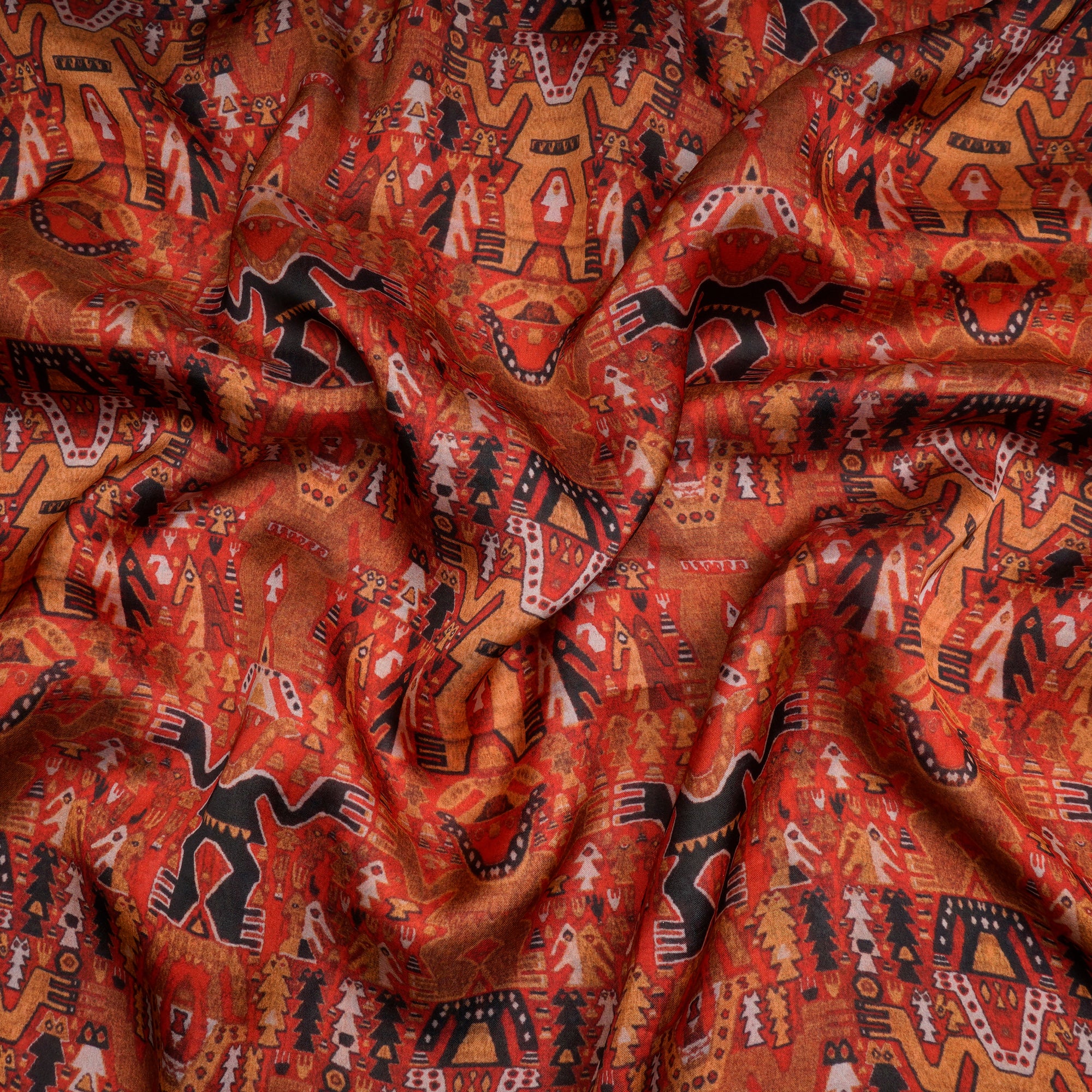 Red-Mustard Color Printed Satin Chiffon Fabric