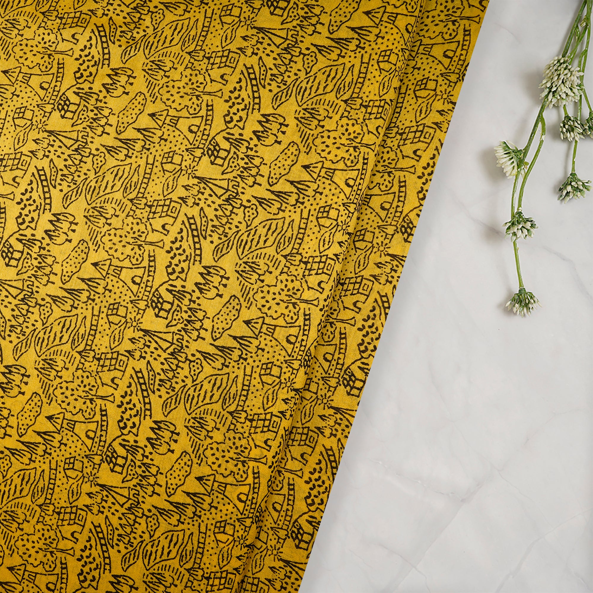 Yellow-Black Color Printed Fine Chanderi Fabric