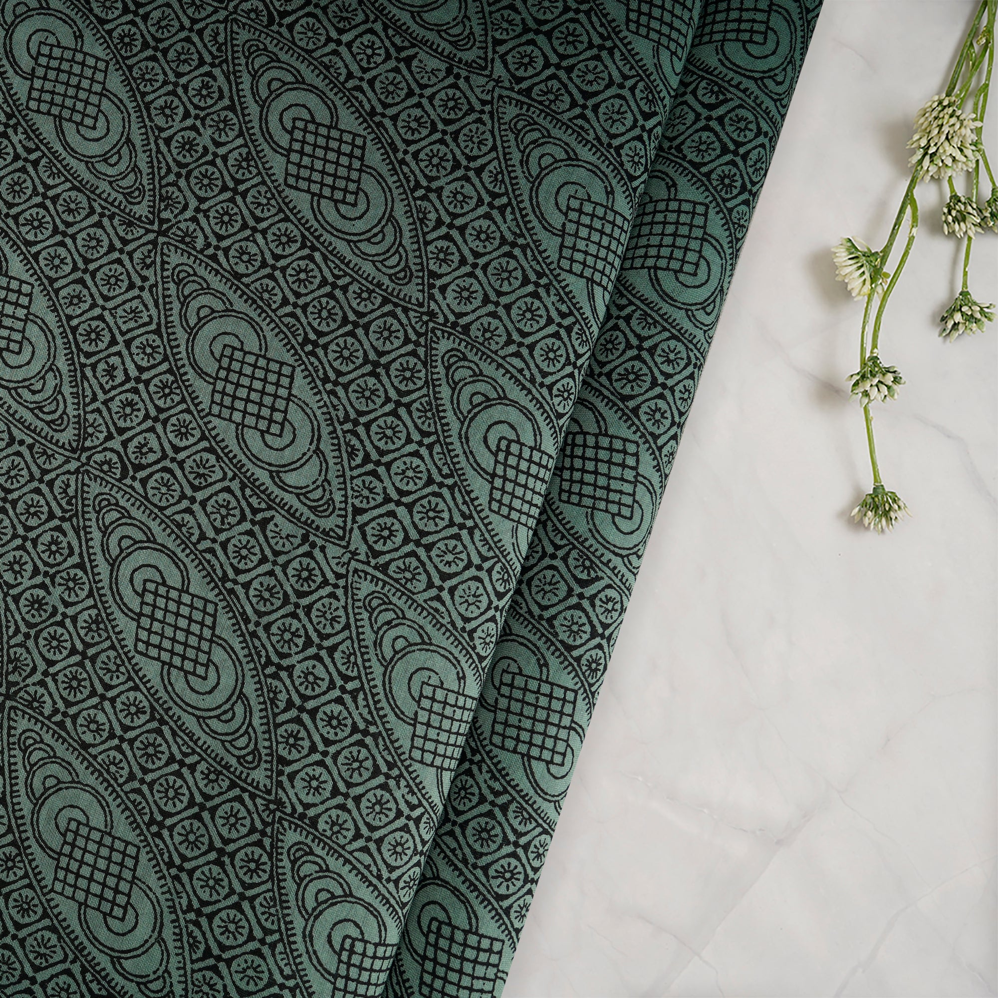 Green-Black Color Printed Fine Chanderi Fabric