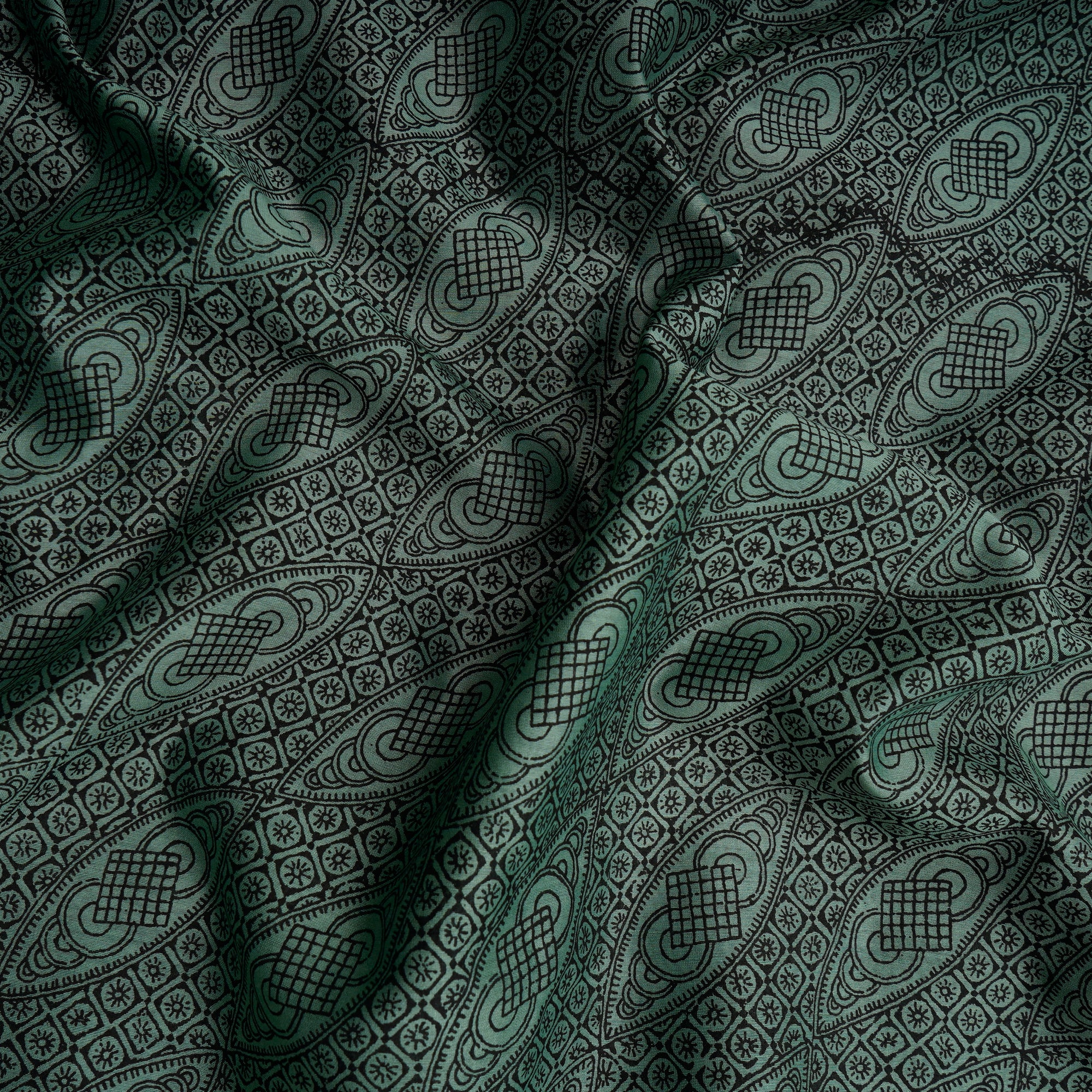 Green-Black Color Printed Fine Chanderi Fabric