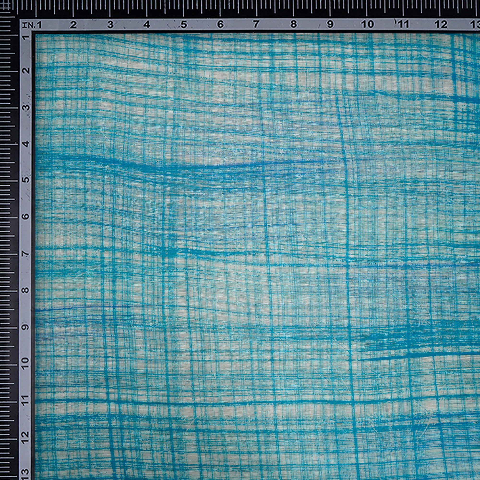 Sky Blue Check Pattern Screen Print Noile Silk Fabric