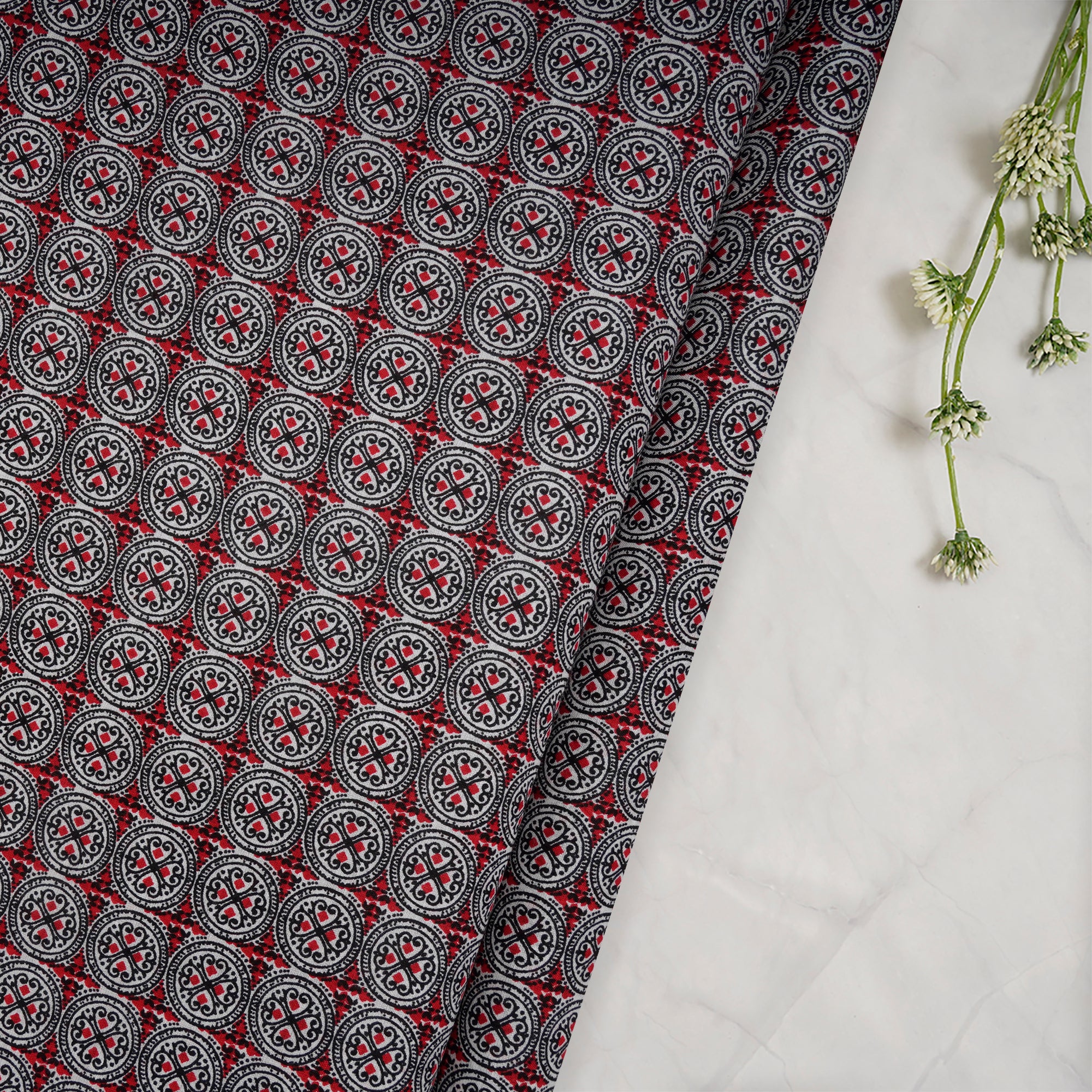 Red-Black Color Printed Cambric Cotton Fabric