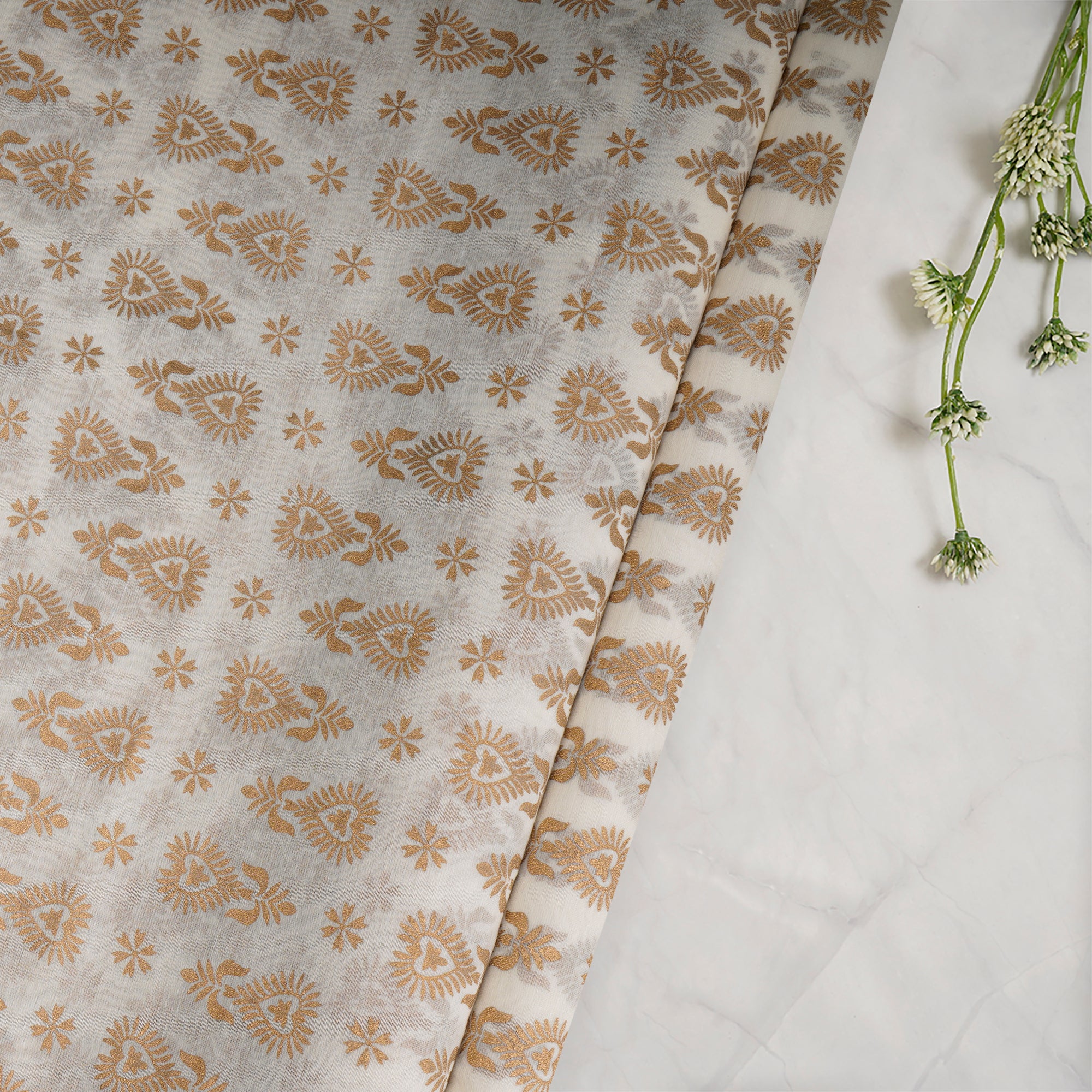 White-Golden Color Printed Fine Chanderi Fabric