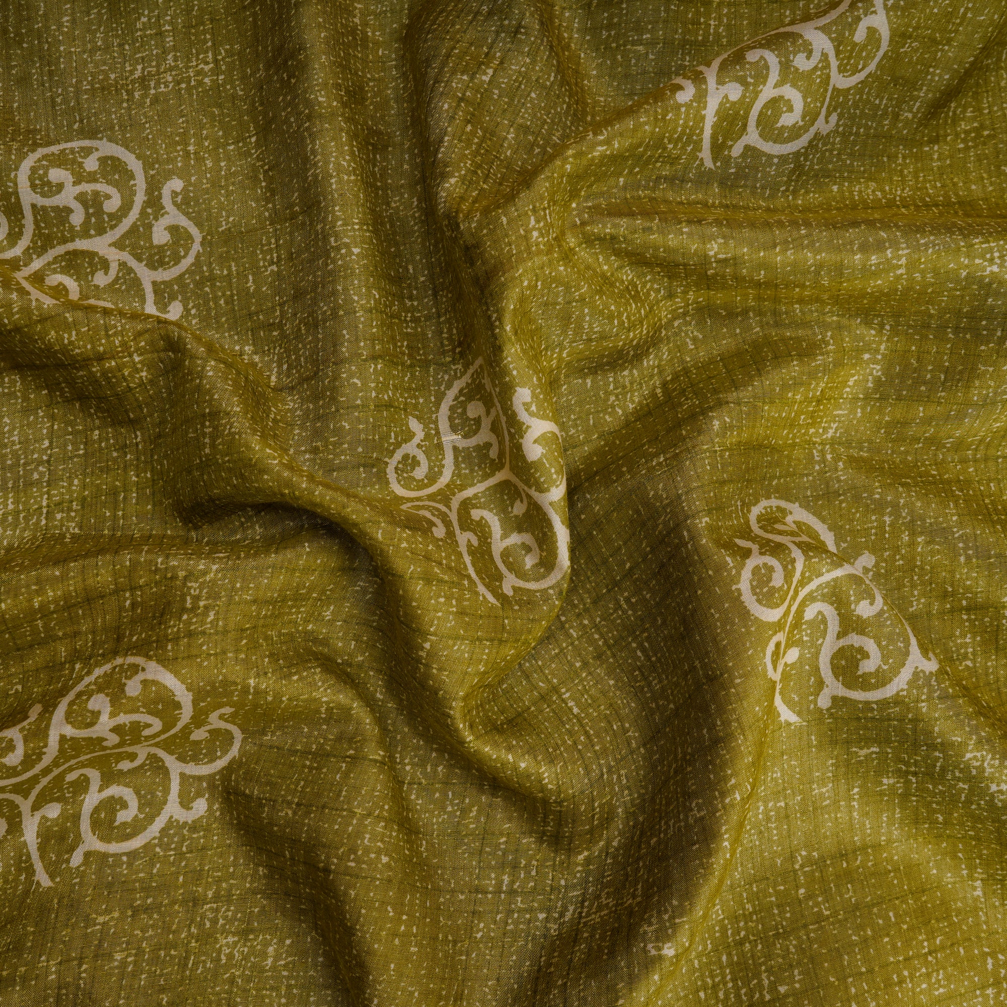 Olive Green Color Printed Tussar Chanderi Fabric
