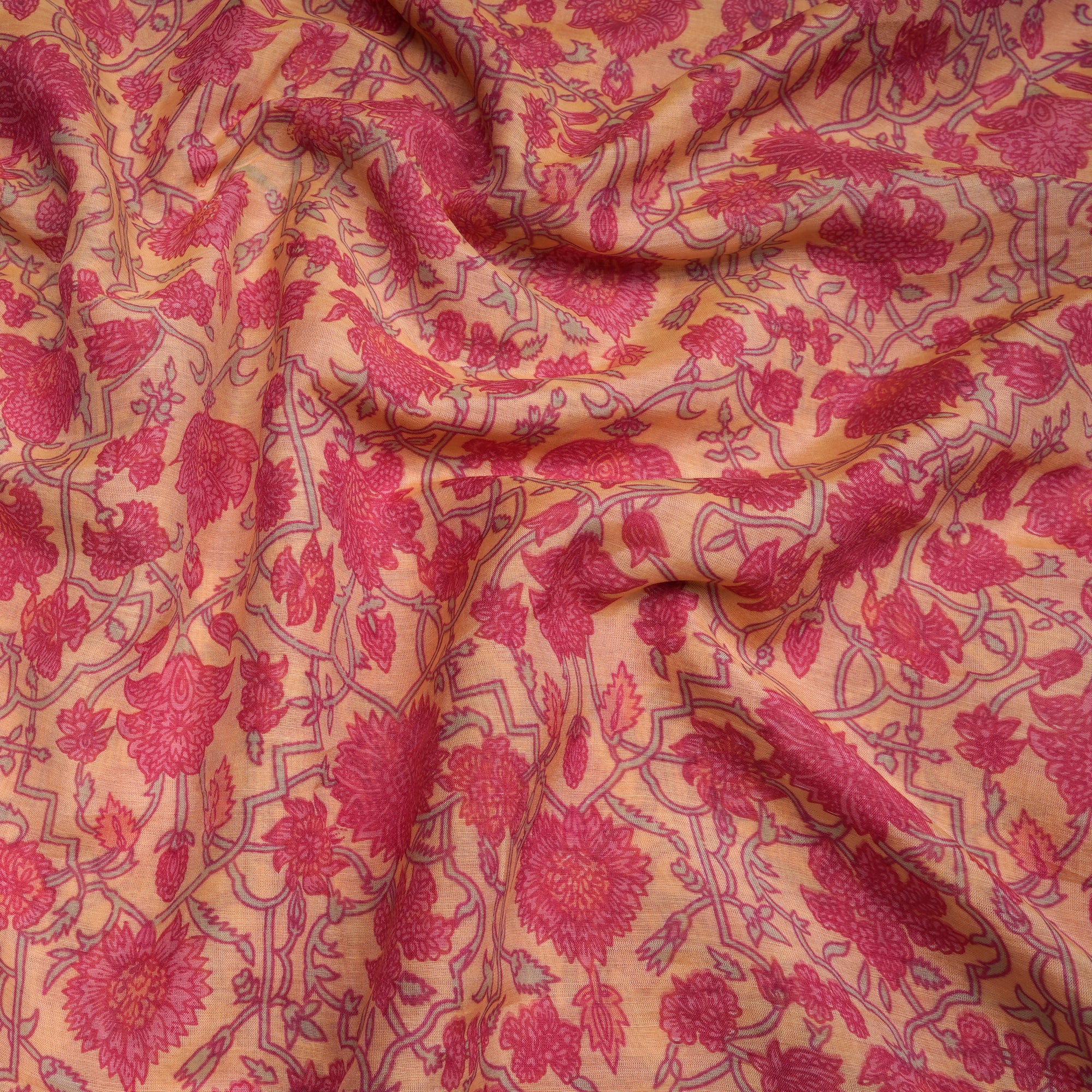Beige-Pink Floral Pattern Screen Print Chanderi Fabric