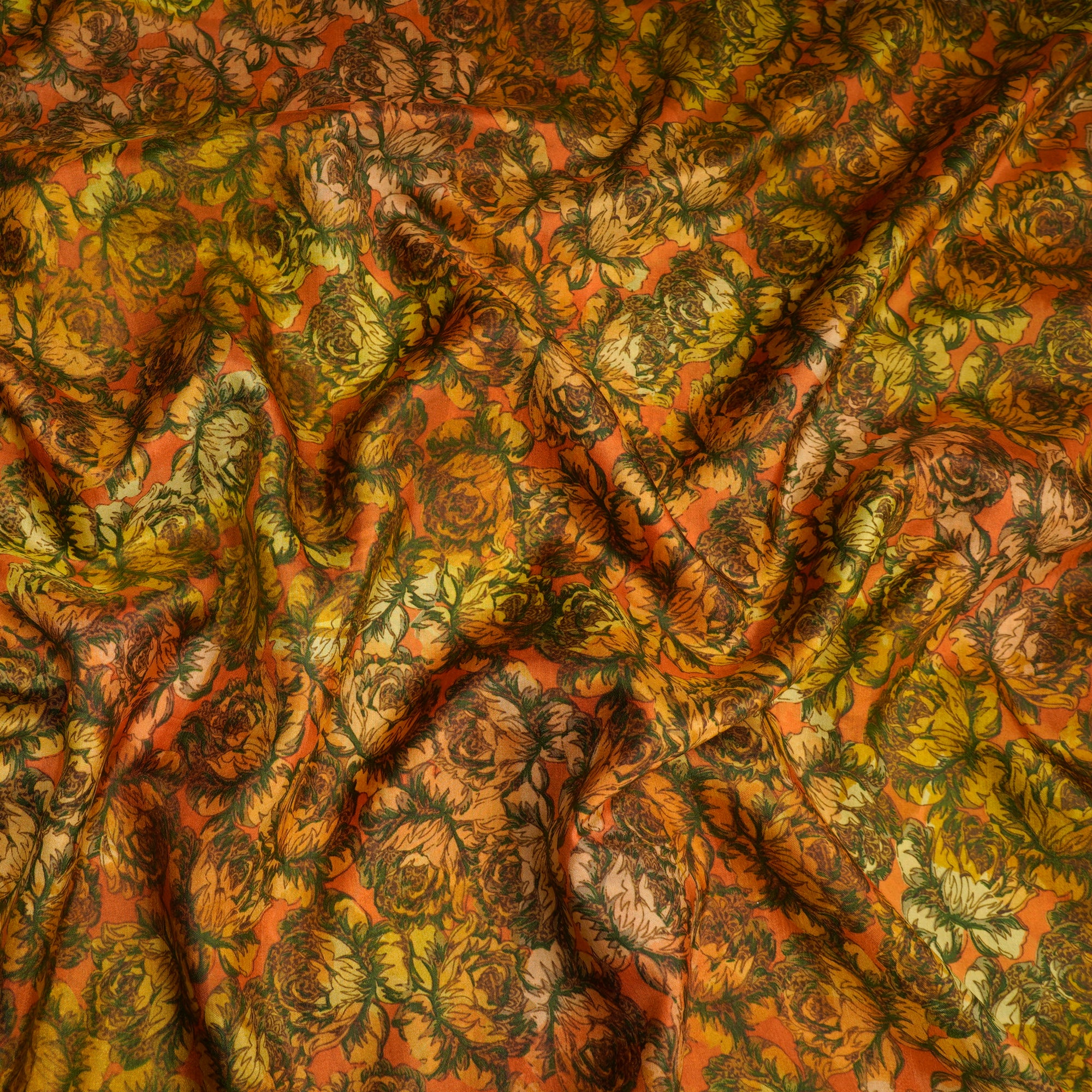 Yellow-Orange Color Printed Plain Silk Fabric