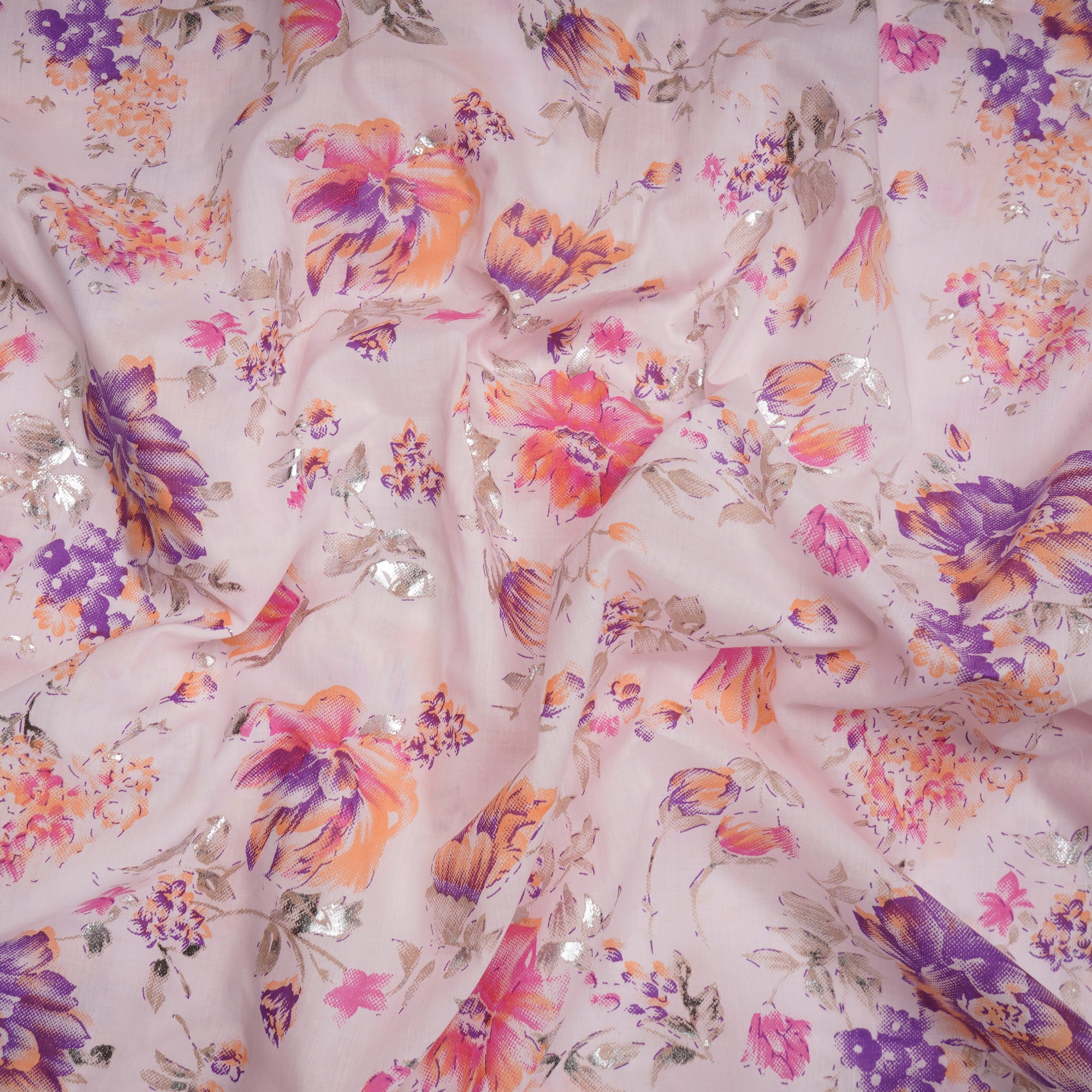Baby Pink Floral Print Screen Print Lawn Cotton Fabric