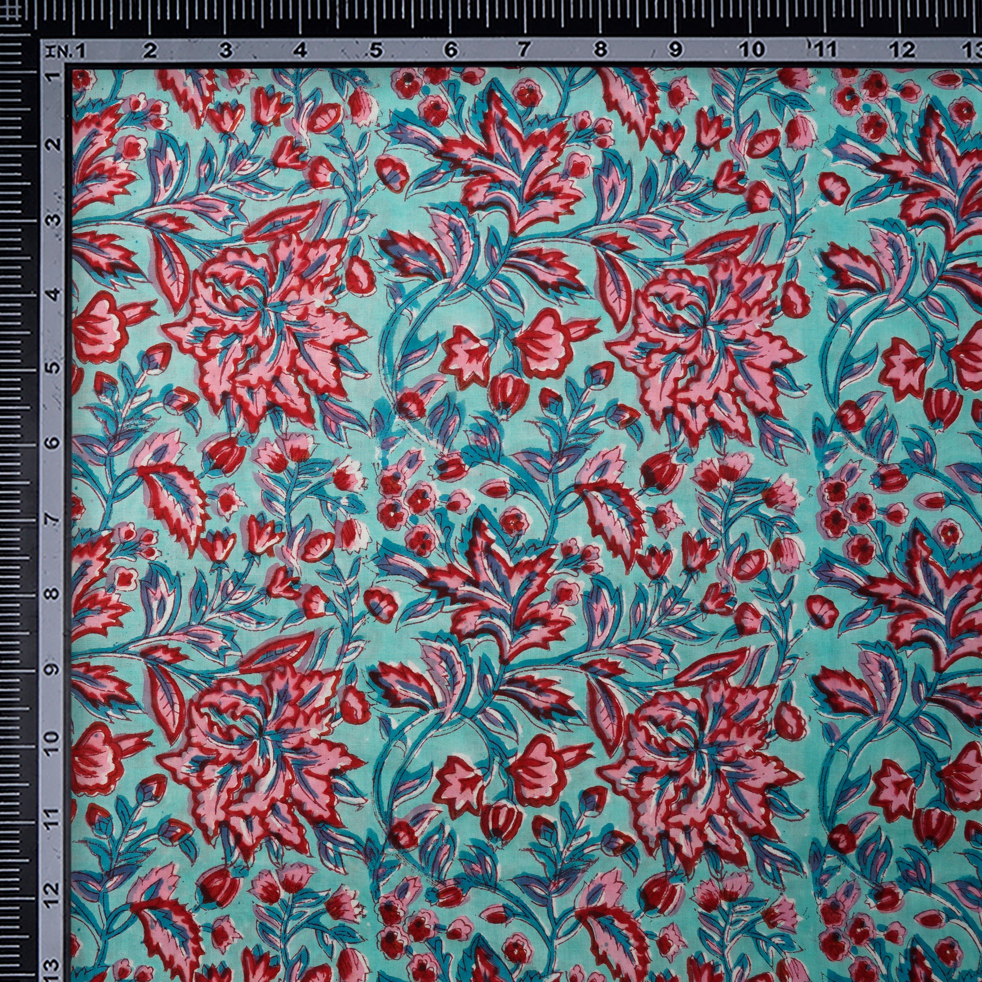 Beach Glass Floral Pattern Natural Dye Hand Block Bagru Printed Cotton Fabric