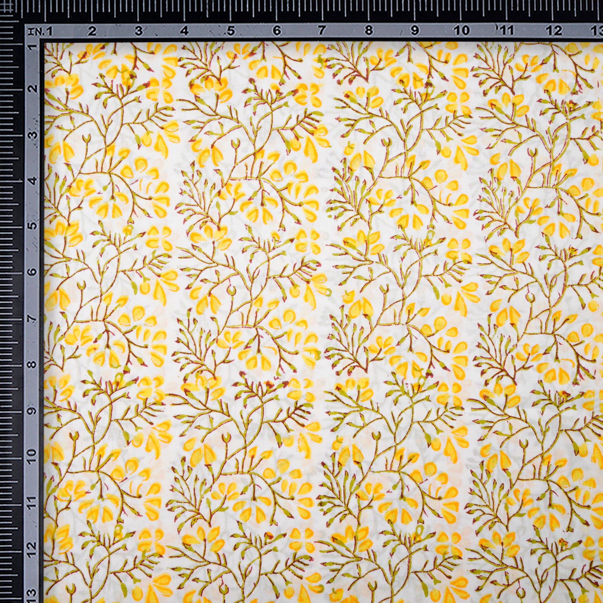 White-Yellow Floral Pattern Natural Dye Hand Block Bagru Printed Cotton Fabric