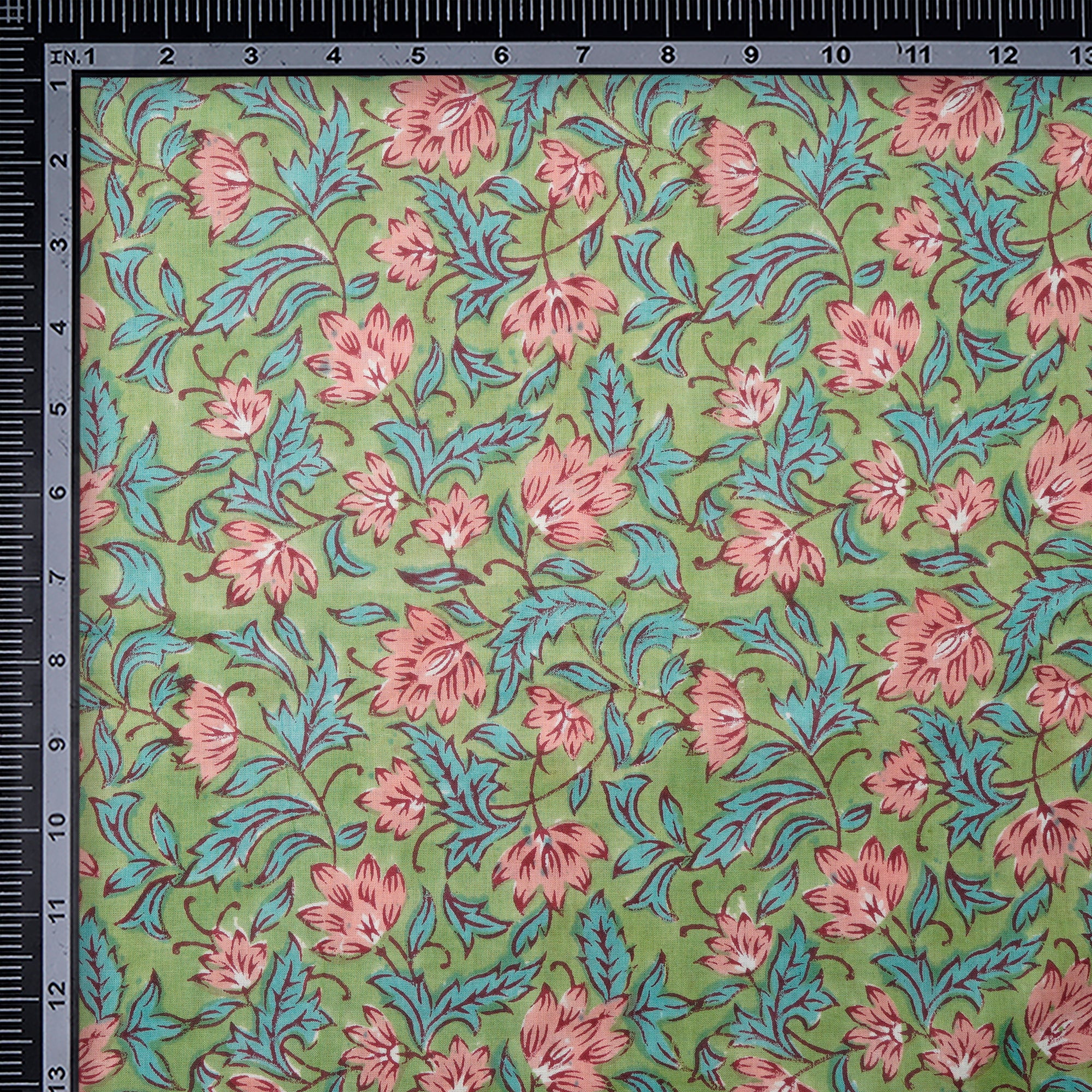 Greengage Floral Pattern Natural Dye Hand Block Bagru Printed Cotton Fabric