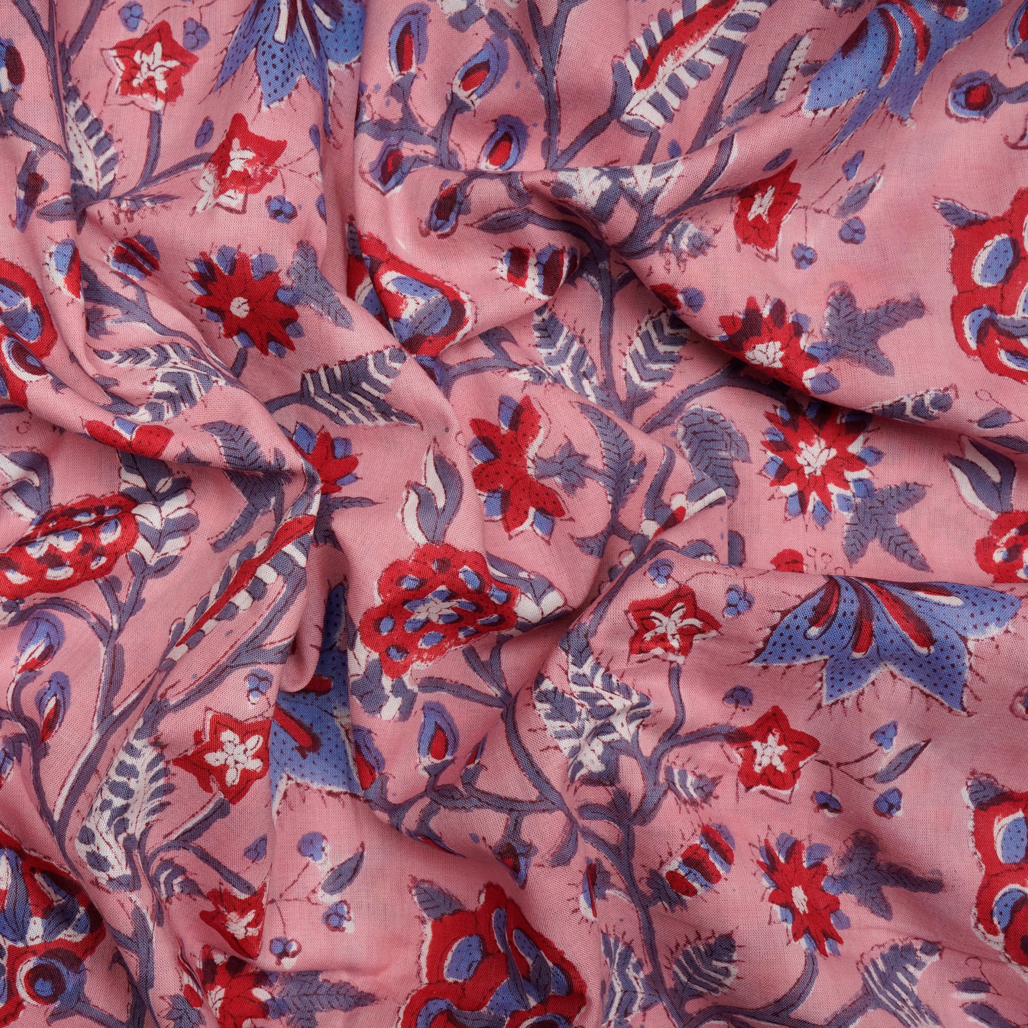 Candy Pink Floral Pattern Natural Dye Hand Block Bagru Printed Cotton Fabric