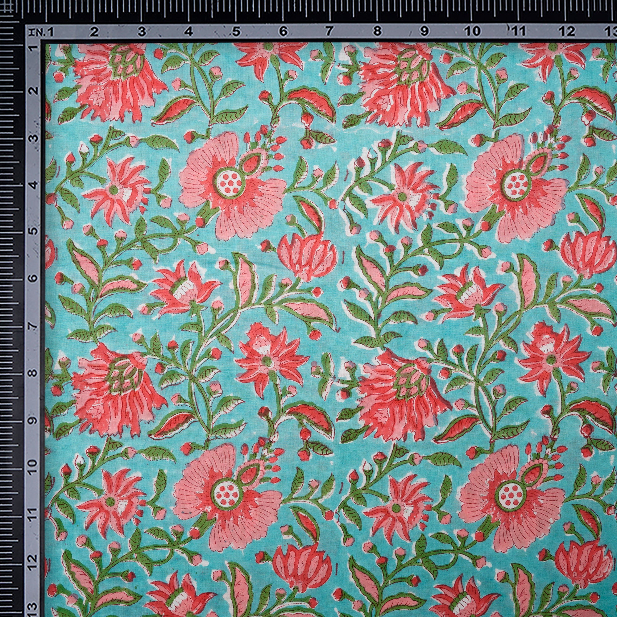 Aqua Sky Floral Pattern Natural Dye Hand Block Bagru Printed Cotton Fabric