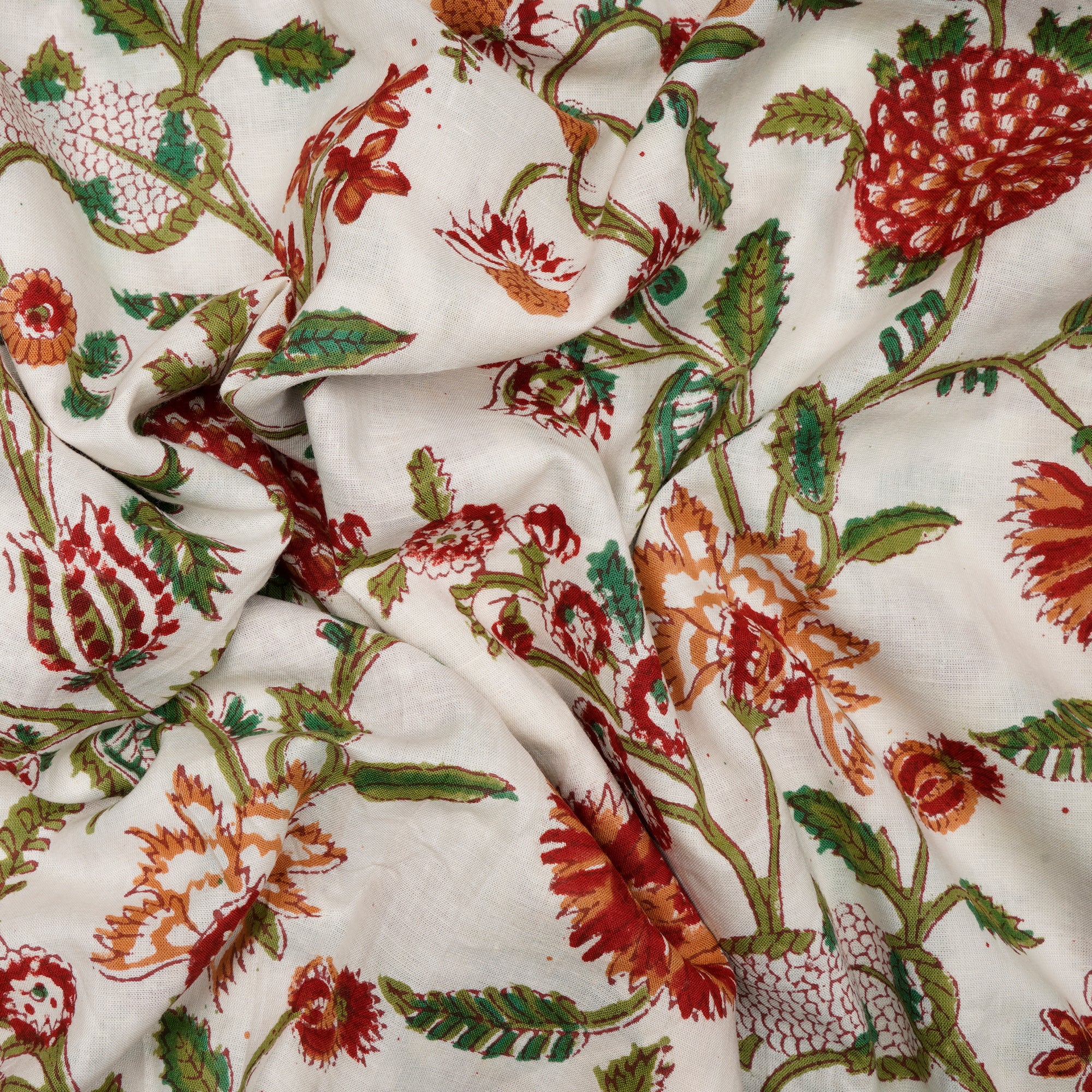 White Floral Pattern Natural Dye Hand Block Bagru Printed Cotton Fabric