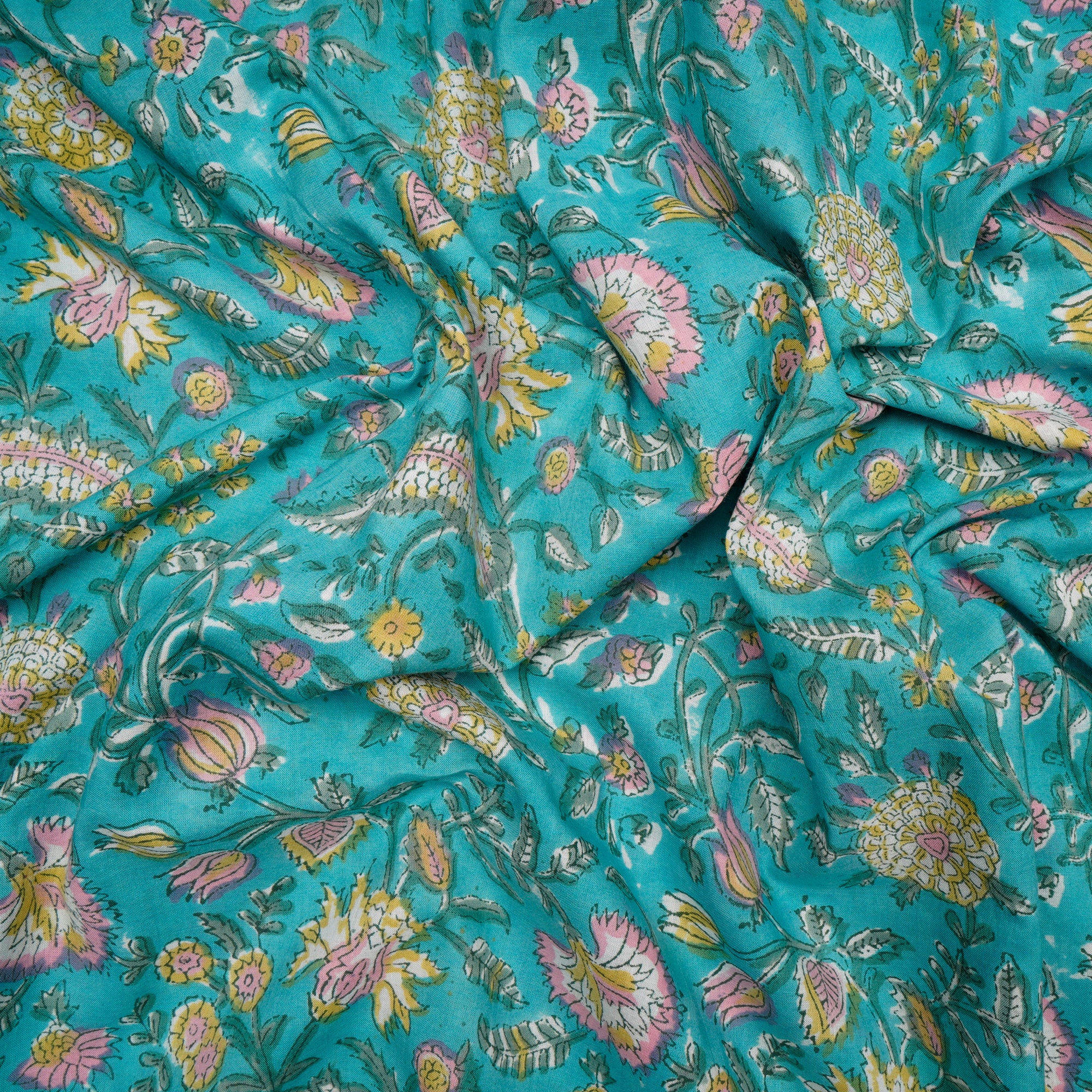Lagoon Floral Pattern Natural Dye Hand Block Bagru Printed Cotton Fabric
