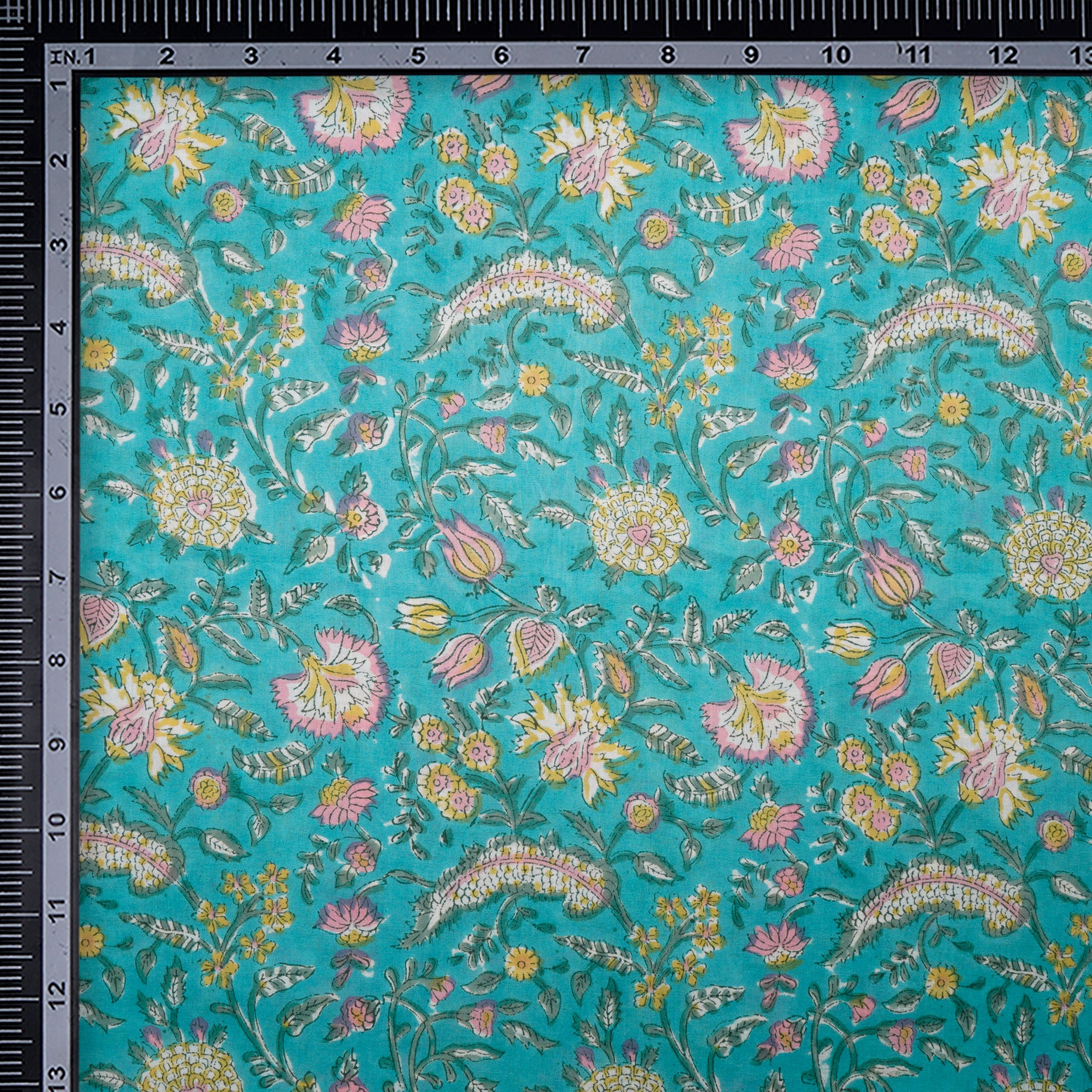 Lagoon Floral Pattern Natural Dye Hand Block Bagru Printed Cotton Fabric