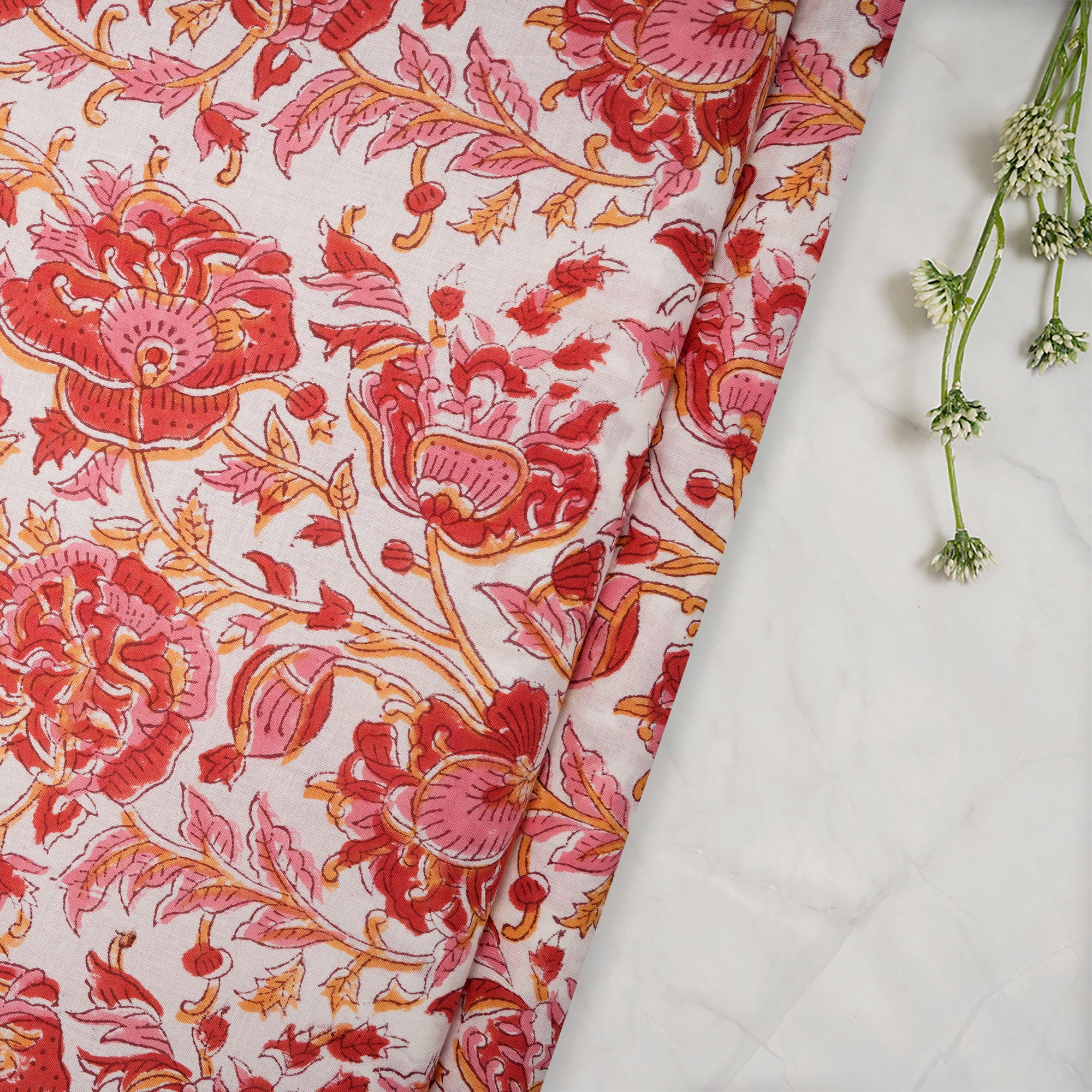 White-Pink Floral Pattern Natural Dye Hand Block Bagru Printed Cotton Fabric