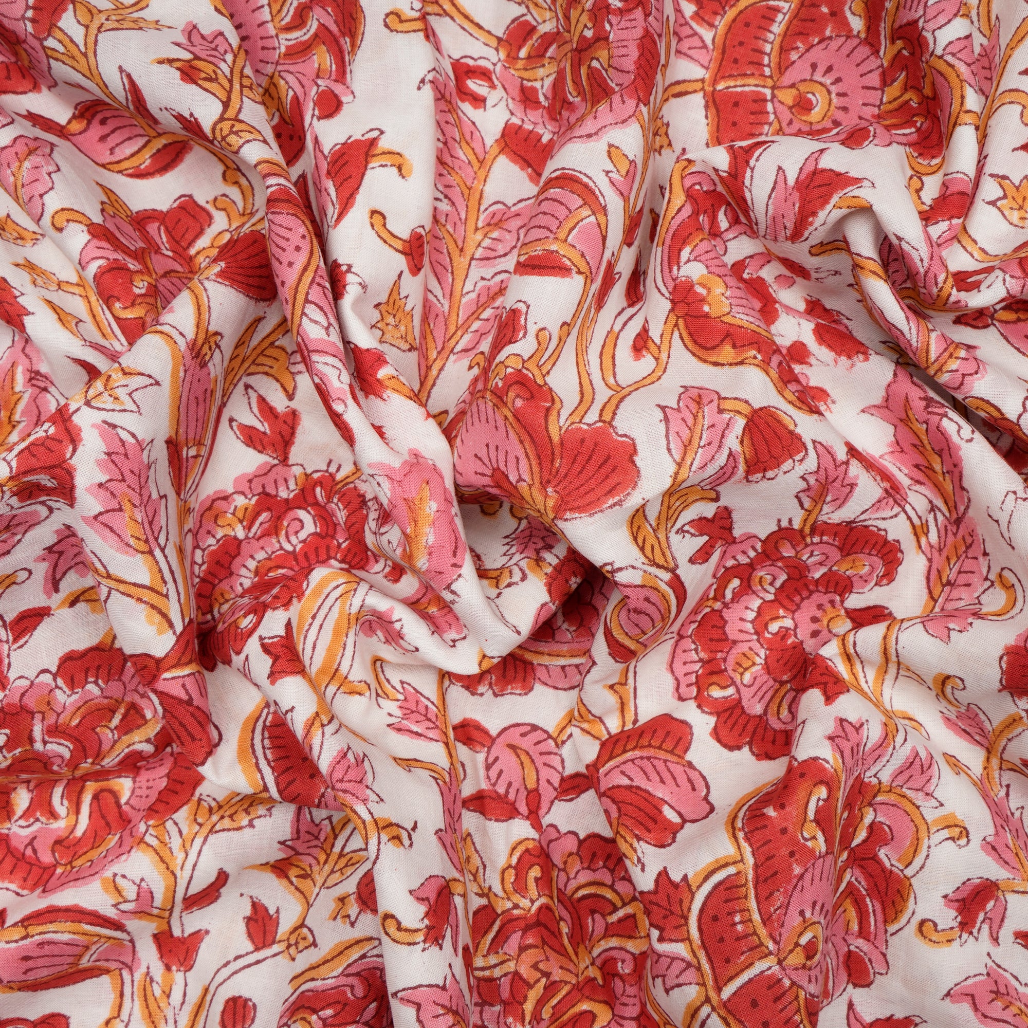 White-Pink Floral Pattern Natural Dye Hand Block Bagru Printed Cotton Fabric