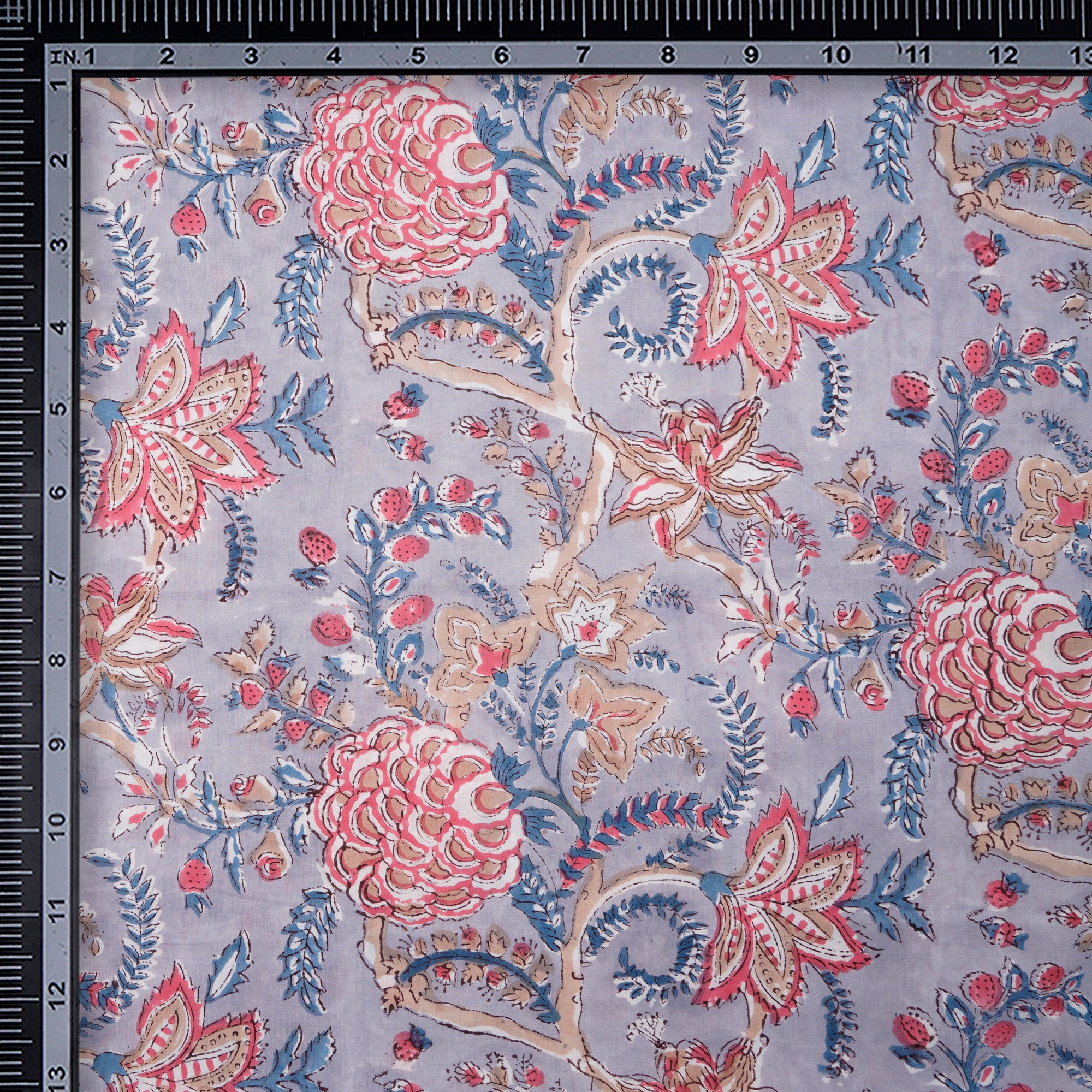 Lilac Hint Floral Pattern Natural Dye Hand Block Bagru Printed Cotton Fabric