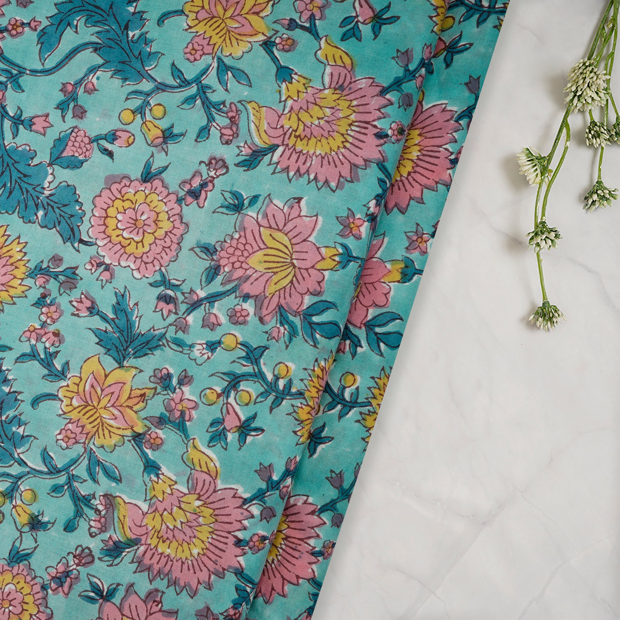 Pool Blue Floral Pattern Natural Dye Hand Block Bagru Printed Cotton Fabric