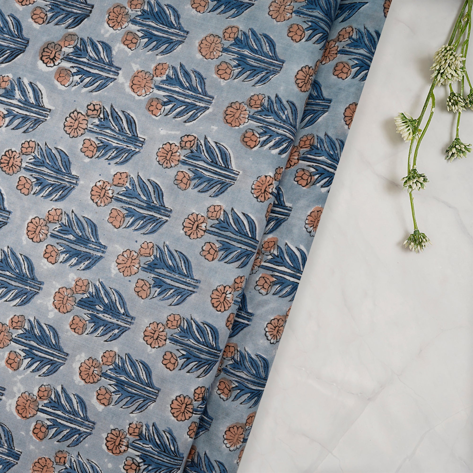 Starlight Blue Motif Pattern Natural Dye Hand Block Bagru Printed Cotton Fabric