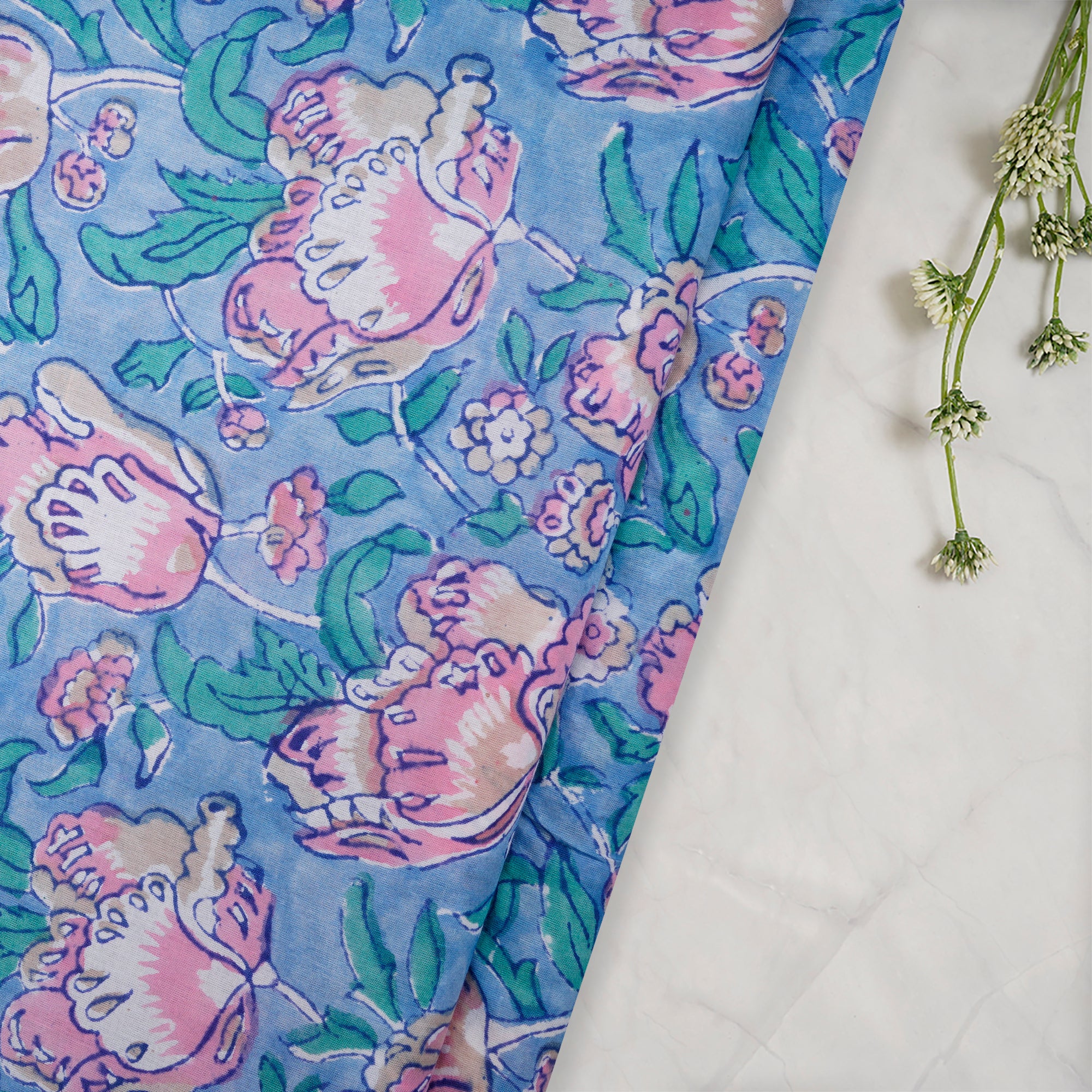 Cerulean Floral Pattern Natural Dye Hand Block Bagru Printed Cotton Fabric