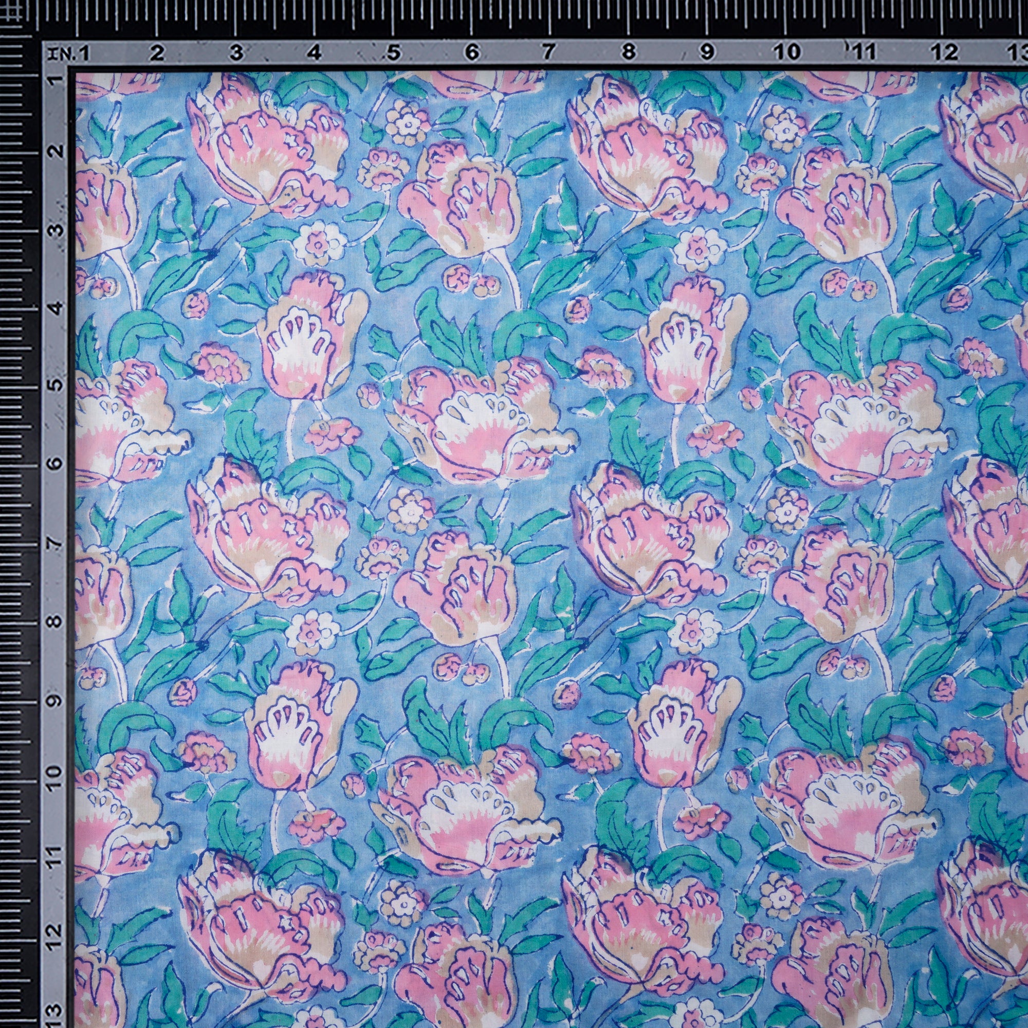 Cerulean Floral Pattern Natural Dye Hand Block Bagru Printed Cotton Fabric