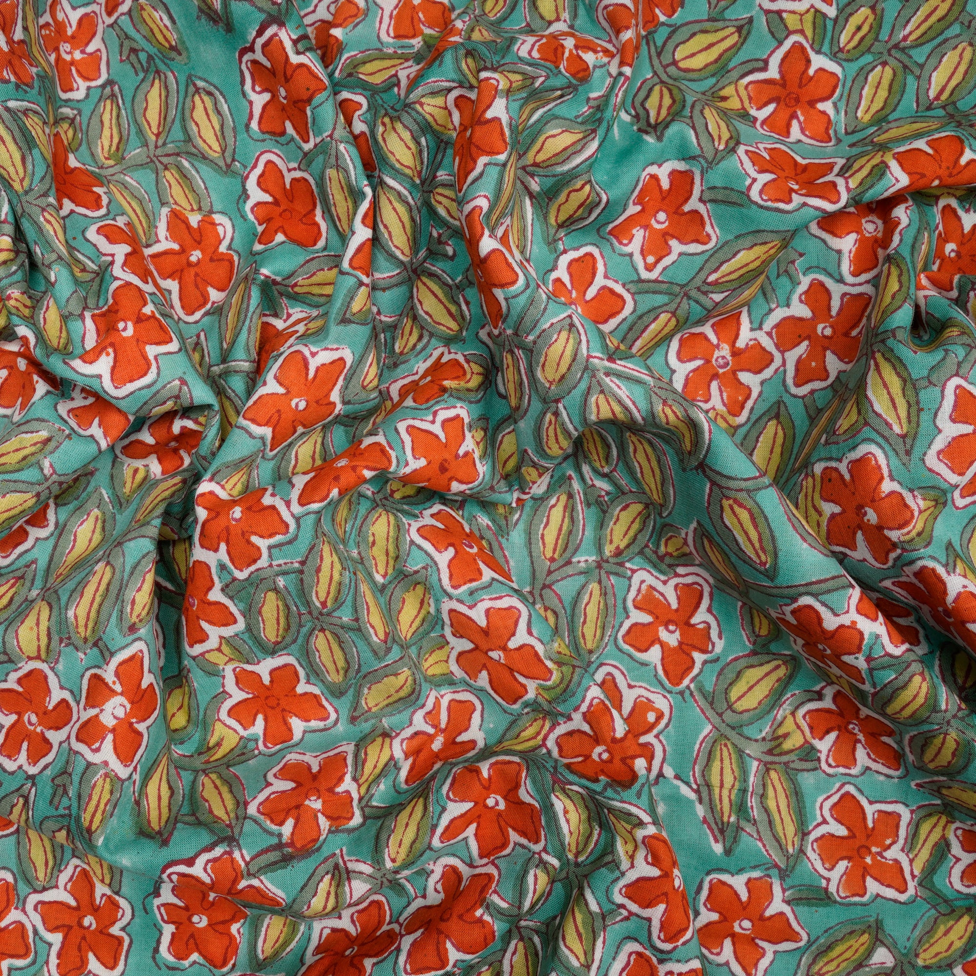 Green-Orange Floral Pattern Natural Dye Hand Block Bagru Printed Cotton Fabric
