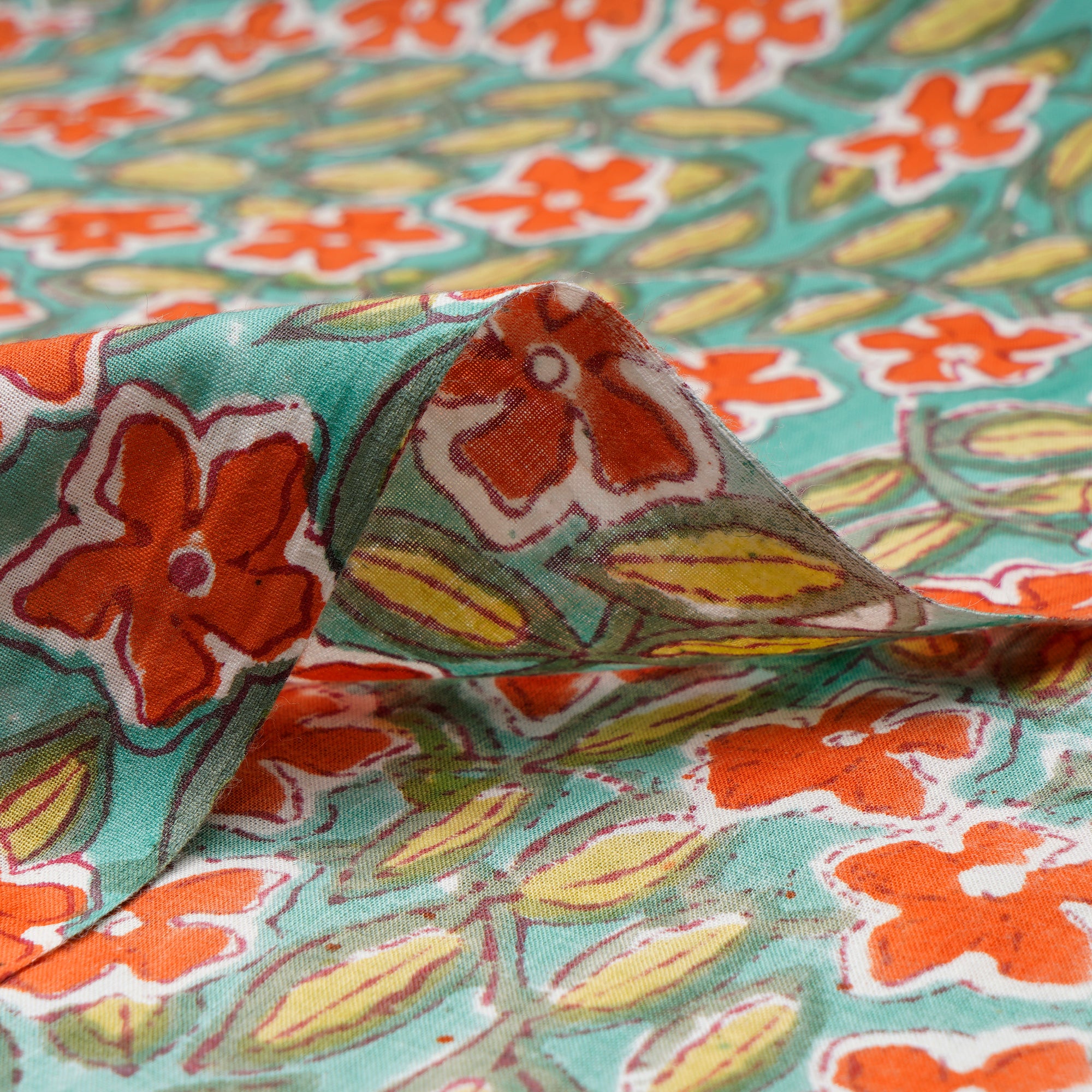 Green-Orange Floral Pattern Natural Dye Hand Block Bagru Printed Cotton Fabric