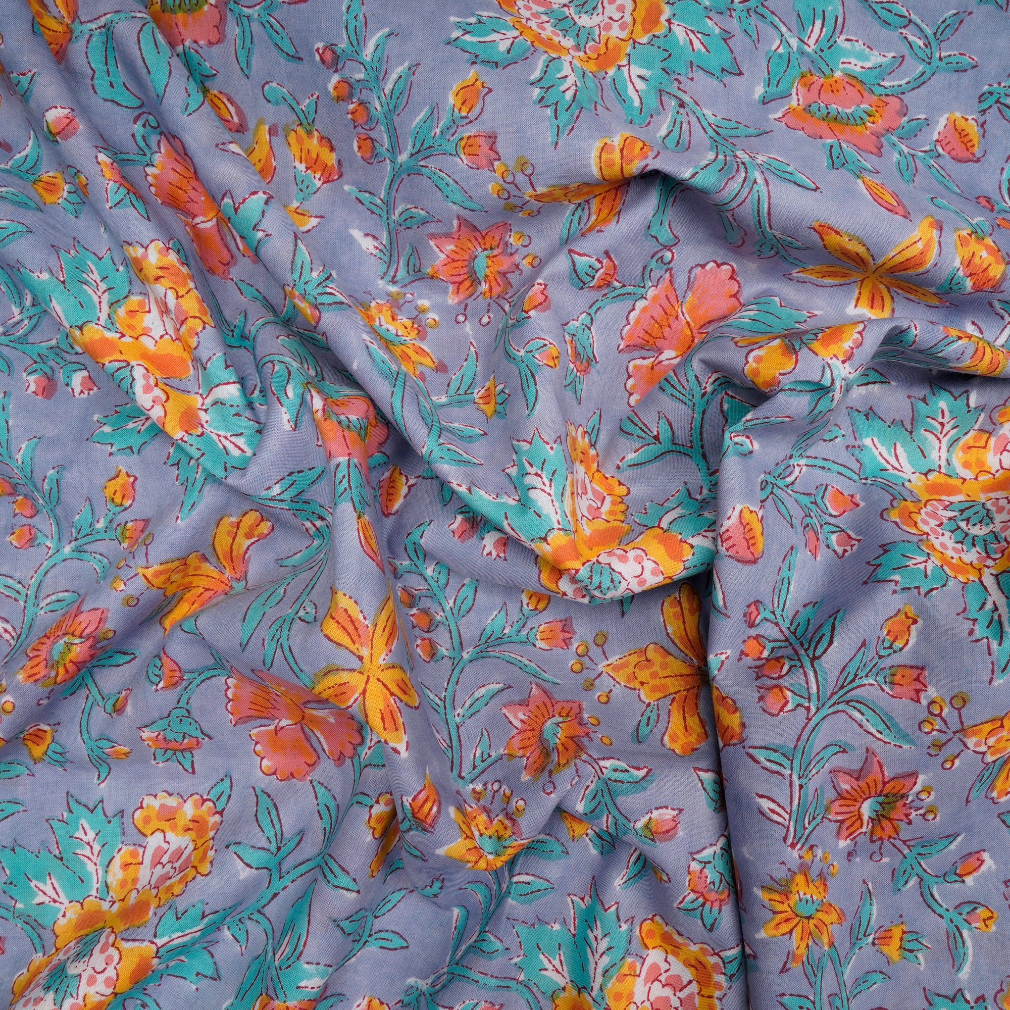 Celestial Blue Floral Pattern Natural Dye Hand Block Bagru Printed Cotton Fabric