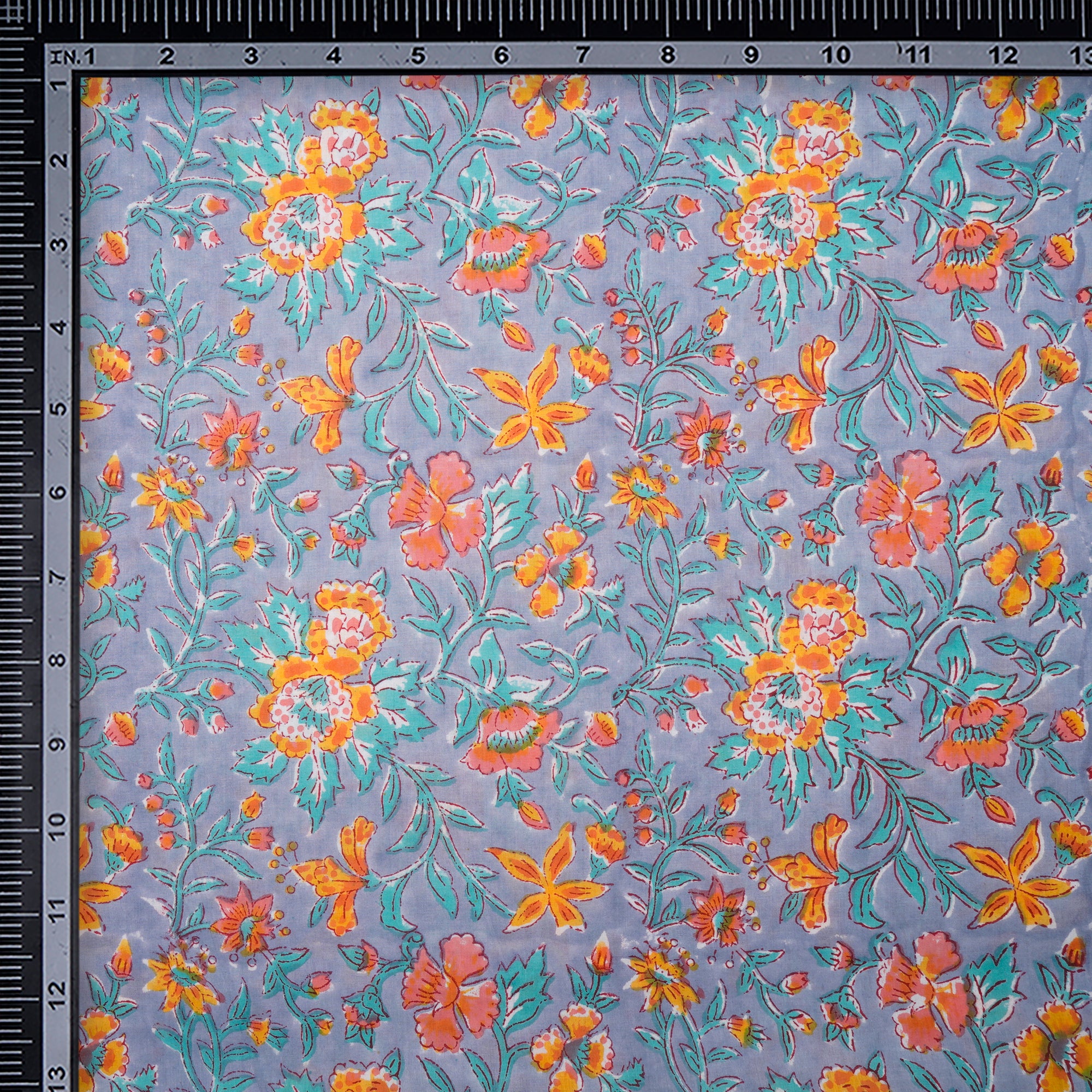 Celestial Blue Floral Pattern Natural Dye Hand Block Bagru Printed Cotton Fabric