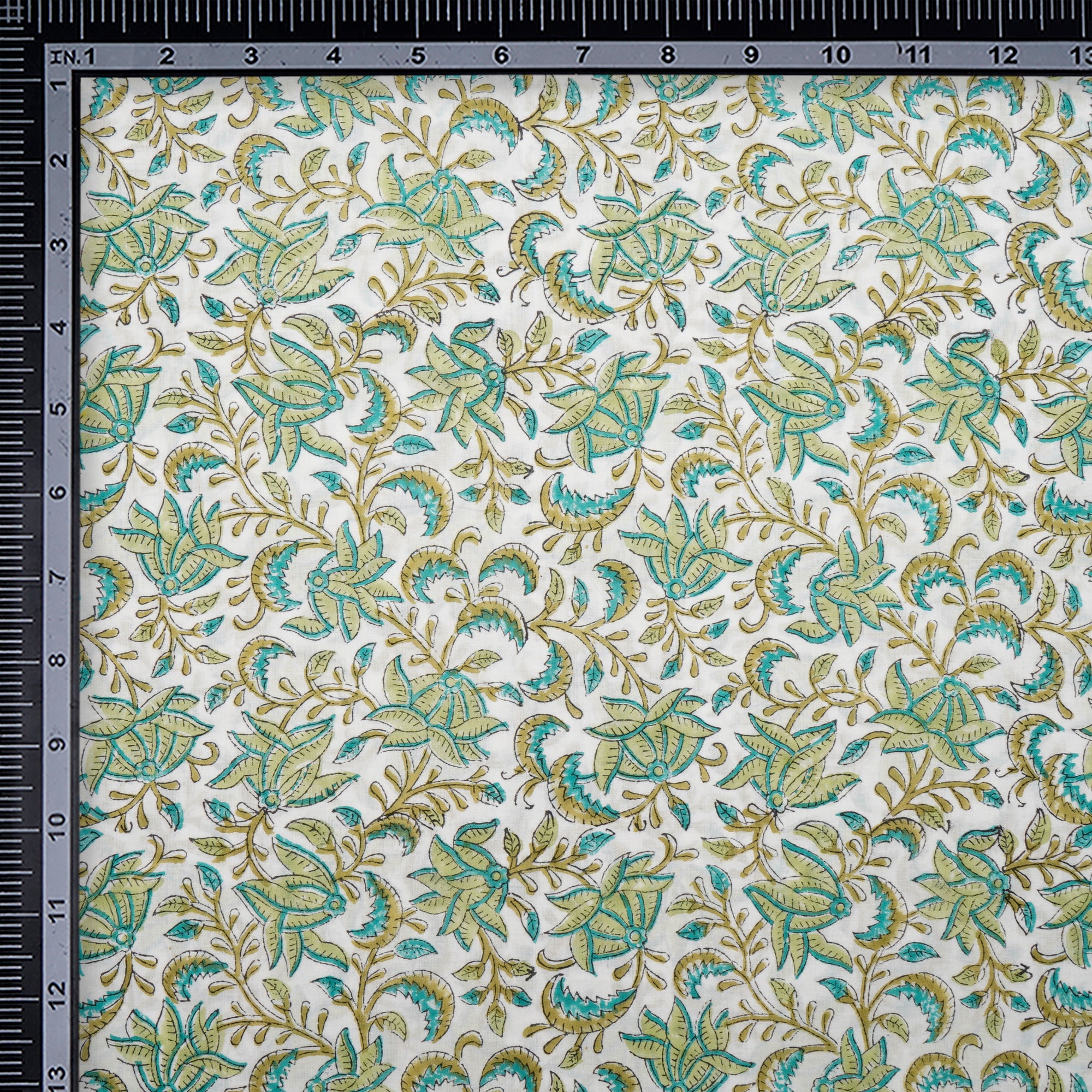 White-Green Floral Pattern Natural Dye Hand Block Bagru Printed Cotton Fabric