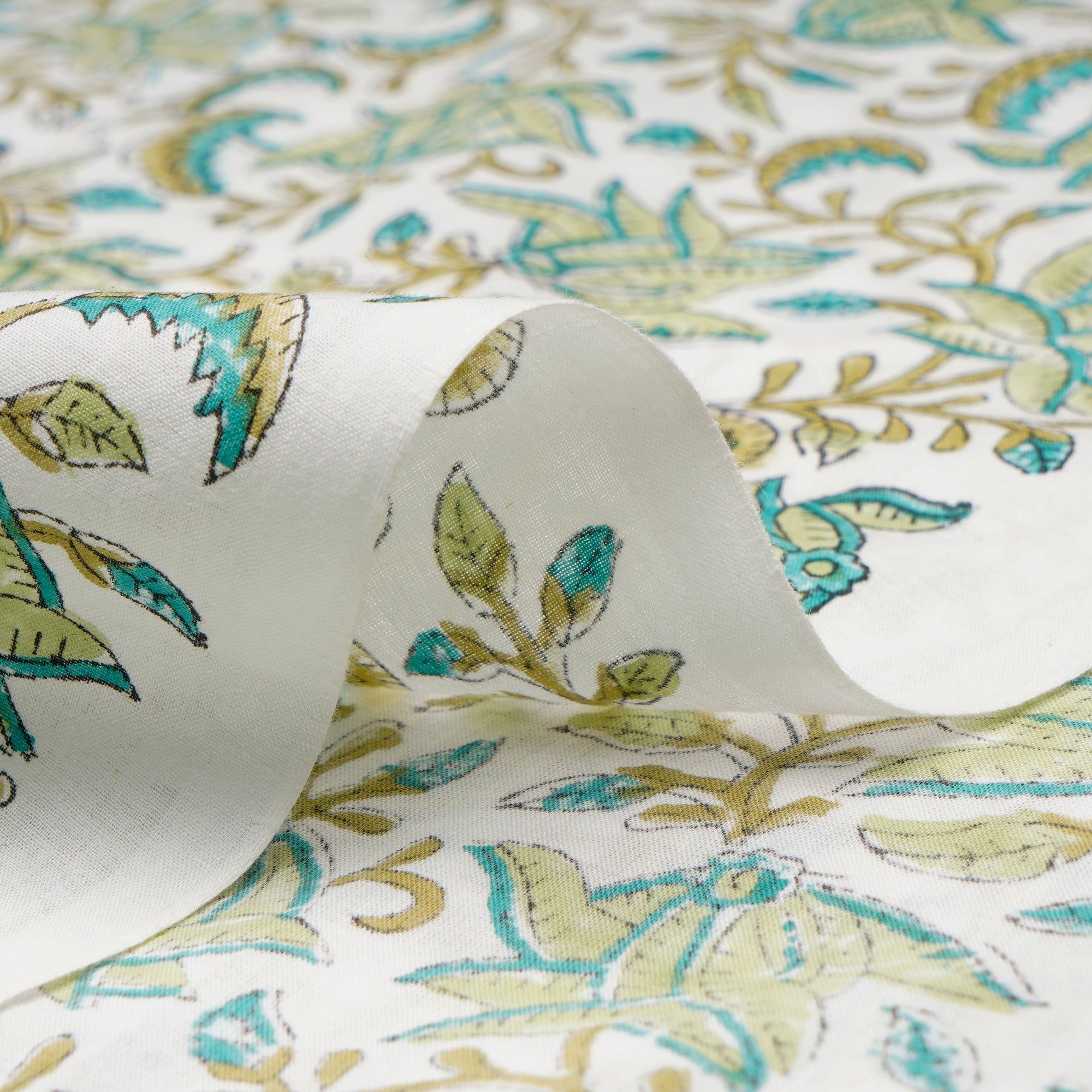 White-Green Floral Pattern Natural Dye Hand Block Bagru Printed Cotton Fabric