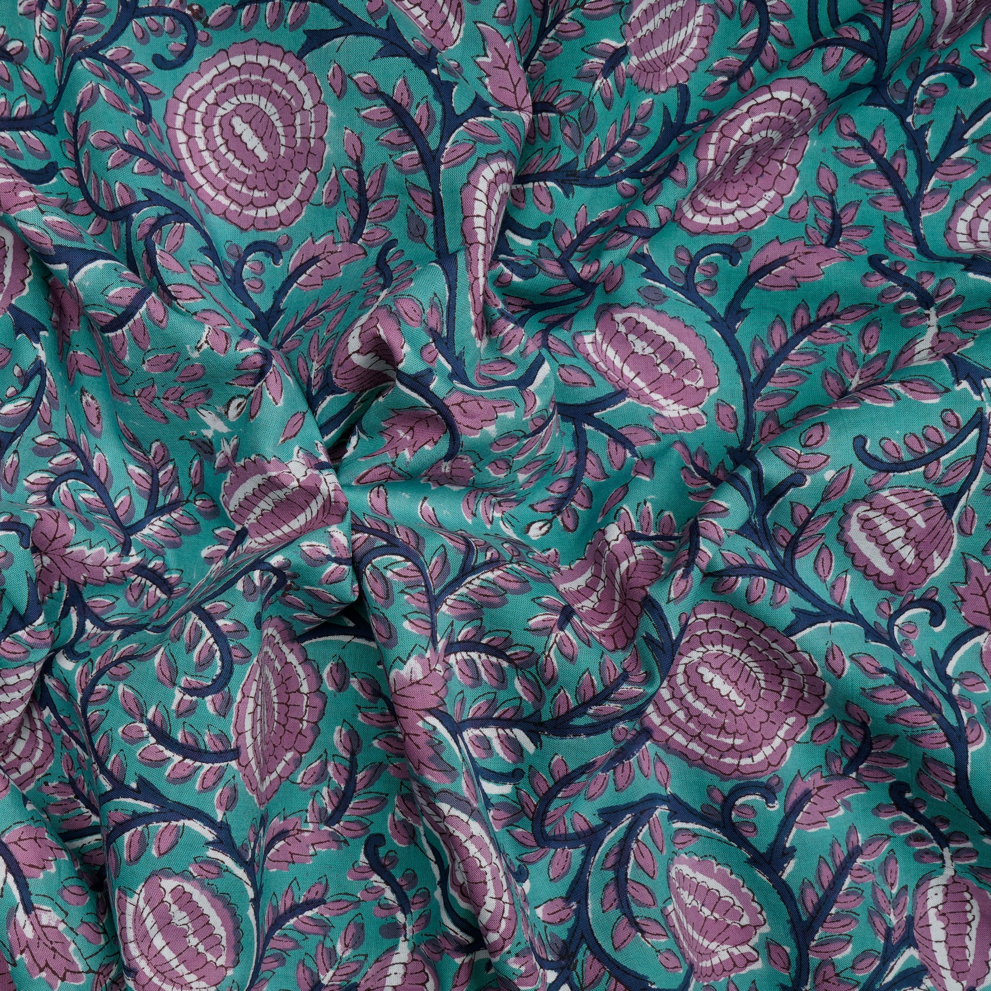 Atlantis Floral Pattern Natural Dye Hand Block Bagru Printed Cotton Fabric