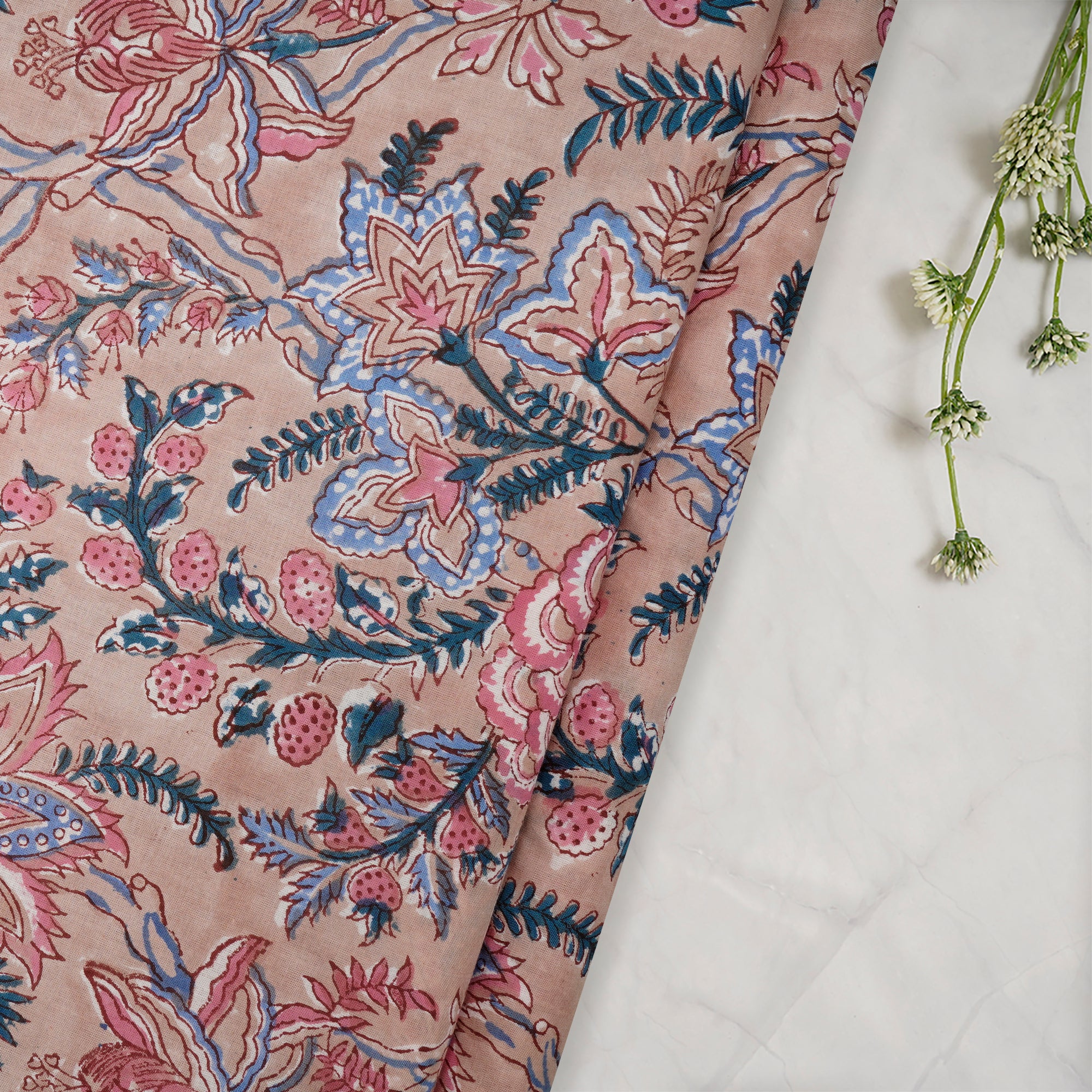 Beige Floral Pattern Natural Dye Hand Block Bagru Printed Cotton Fabric