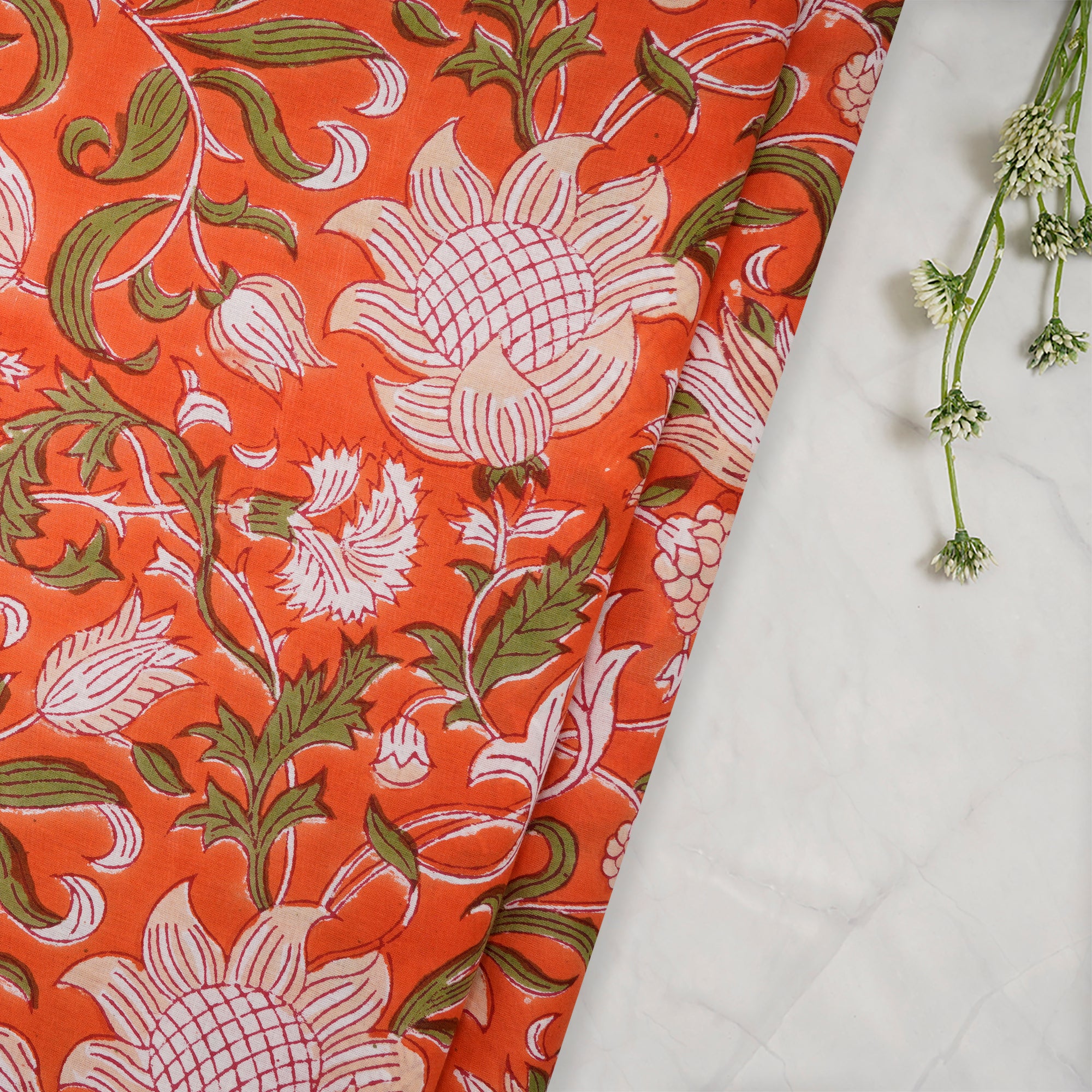 Orange Floral Pattern Natural Dye Hand Block Bagru Printed Cotton Fabric