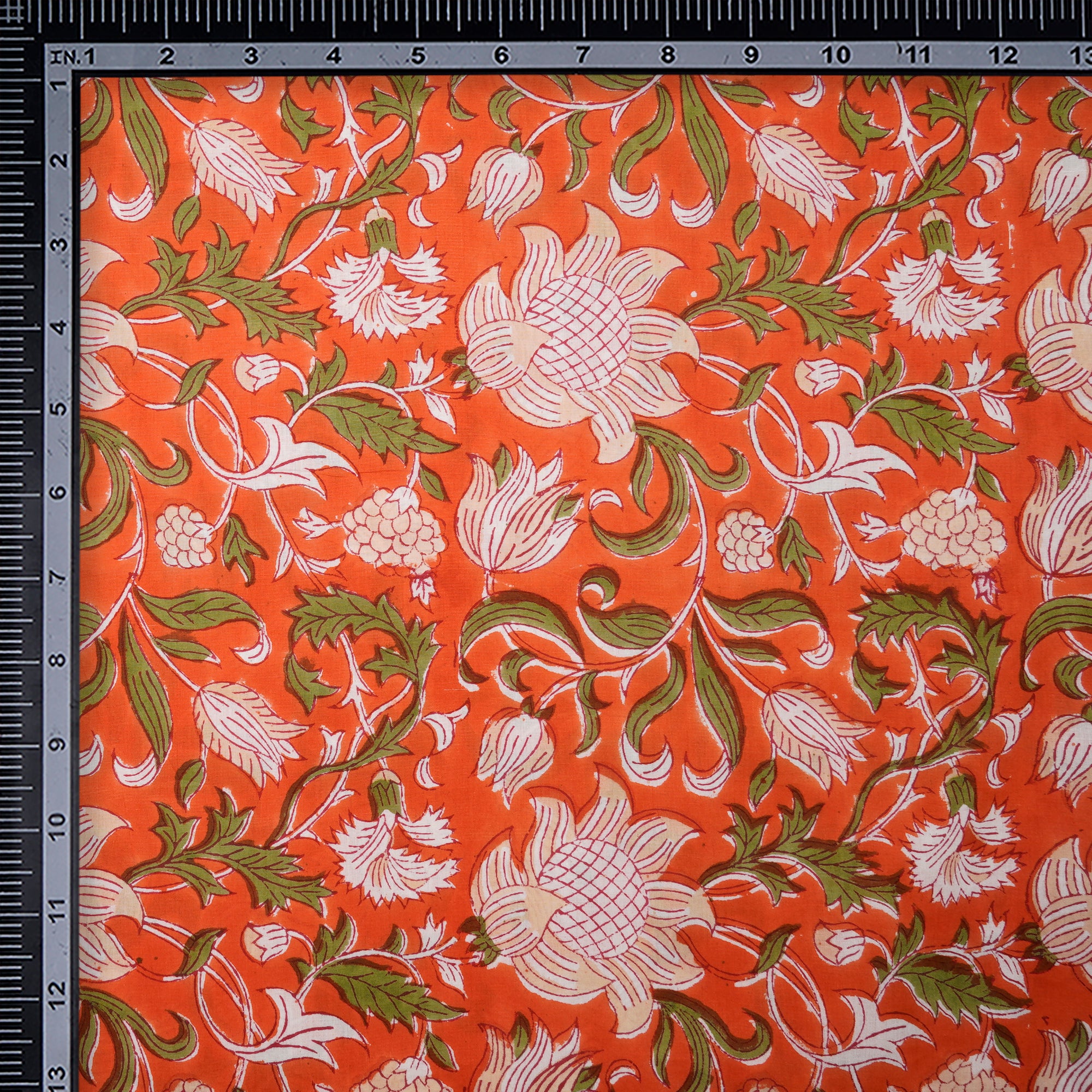 Orange Floral Pattern Natural Dye Hand Block Bagru Printed Cotton Fabric
