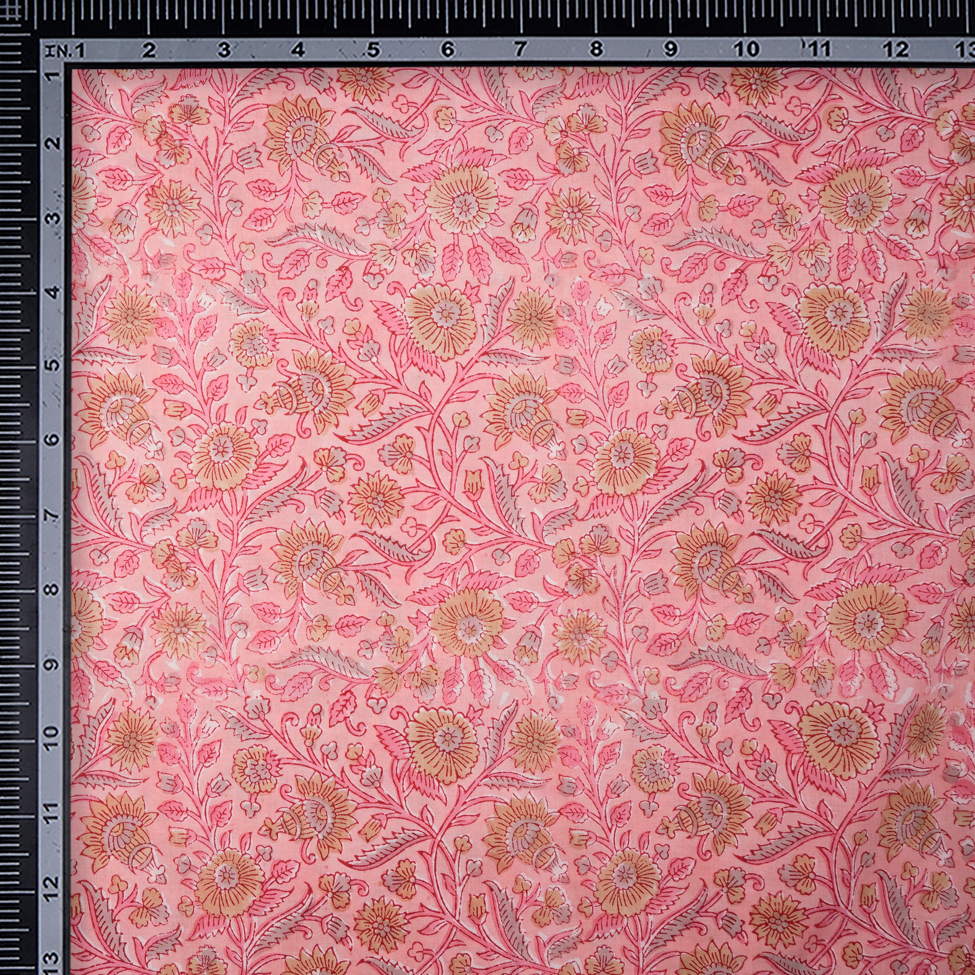 Gossamer Pink Floral Pattern Natural Dye Hand Block Bagru Printed Cotton Fabric