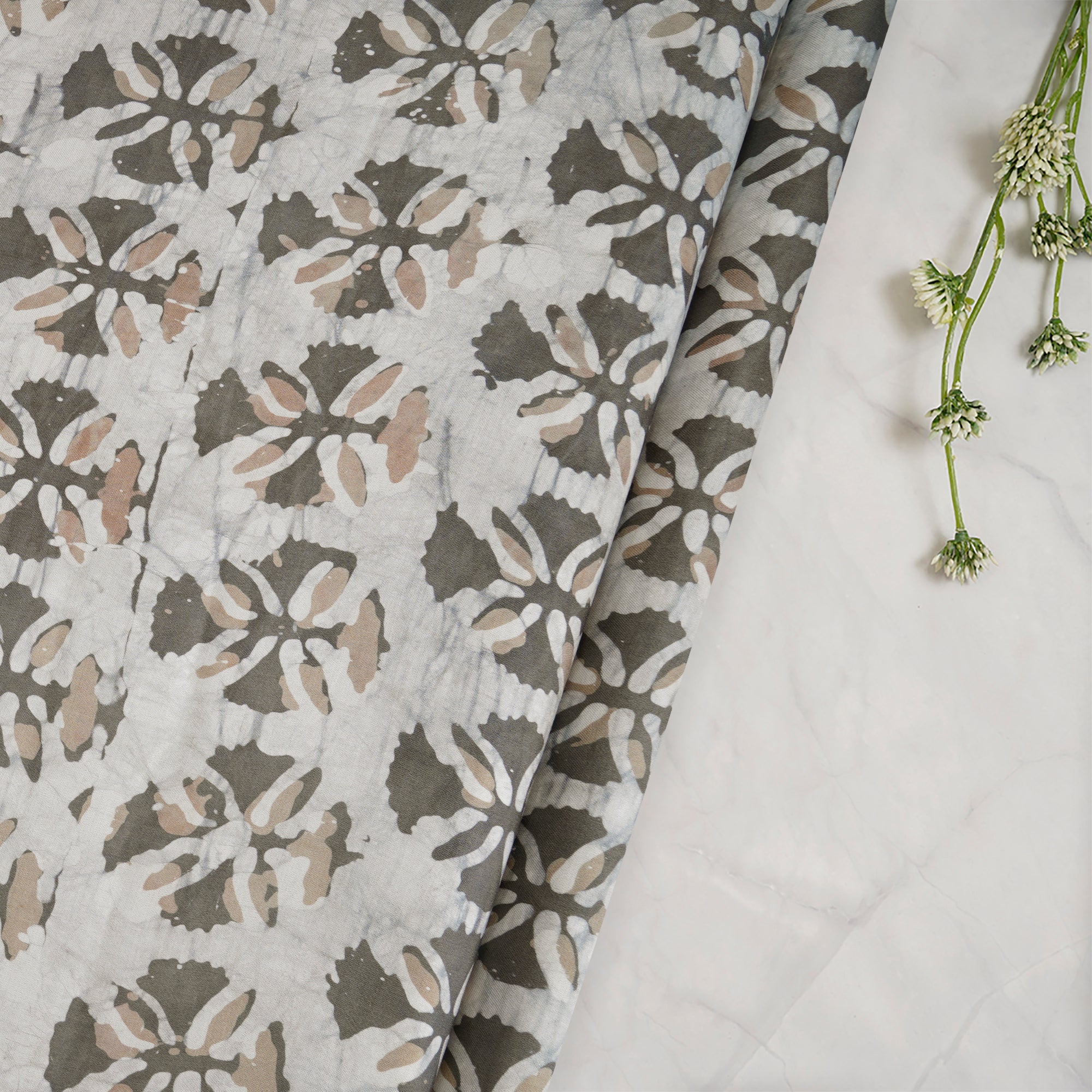 Light Grey Handcrafted Waxed Batik Printed Modal Fabric