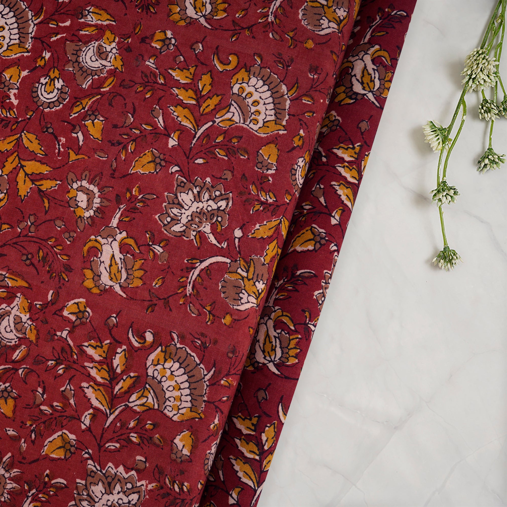 Maroon Floral Pattern Natural Dye Fakira Hand Block Print Cotton Fabric