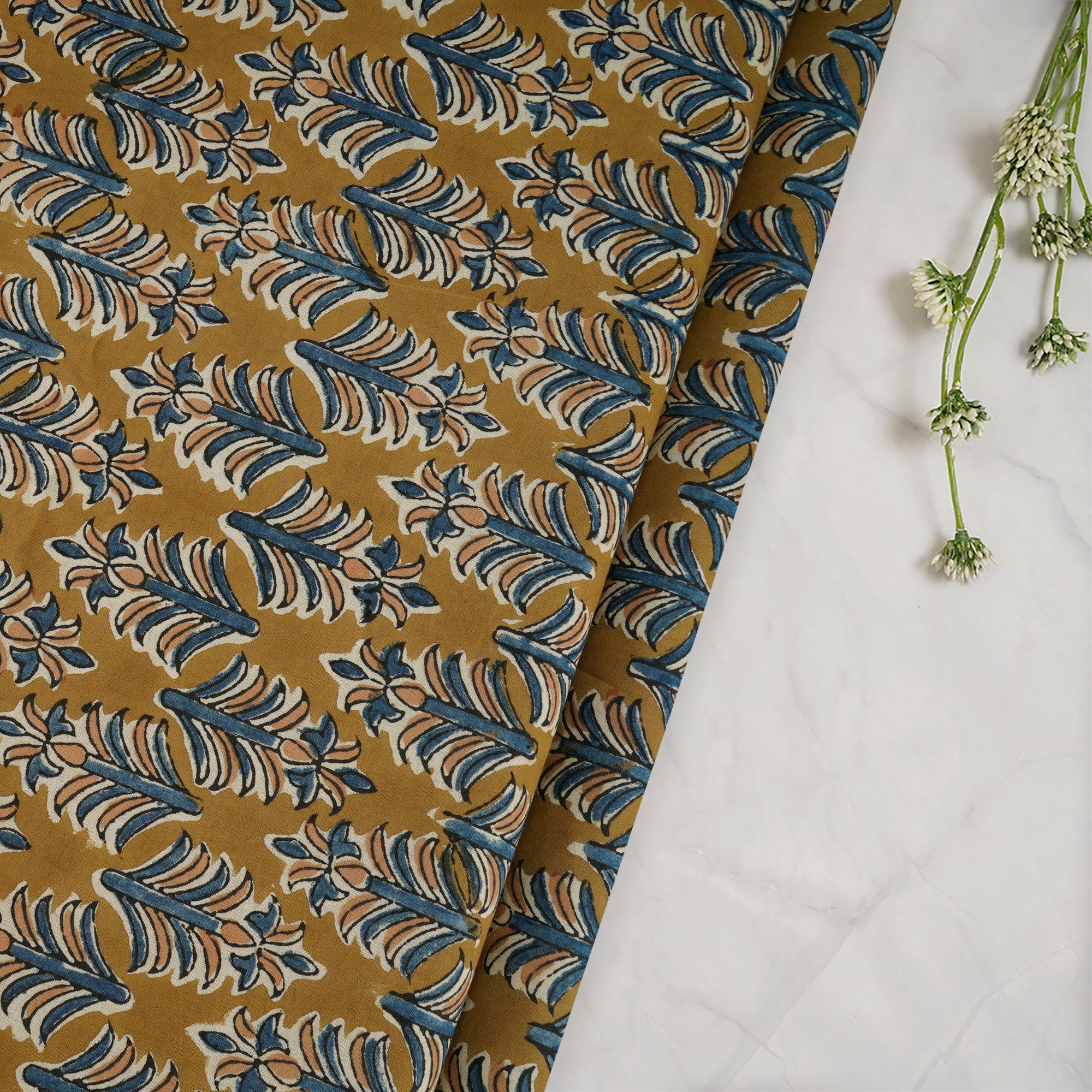 Ecru Olive Motif Pattern Natural Dye Fakira Hand Block Print Cotton Fabric