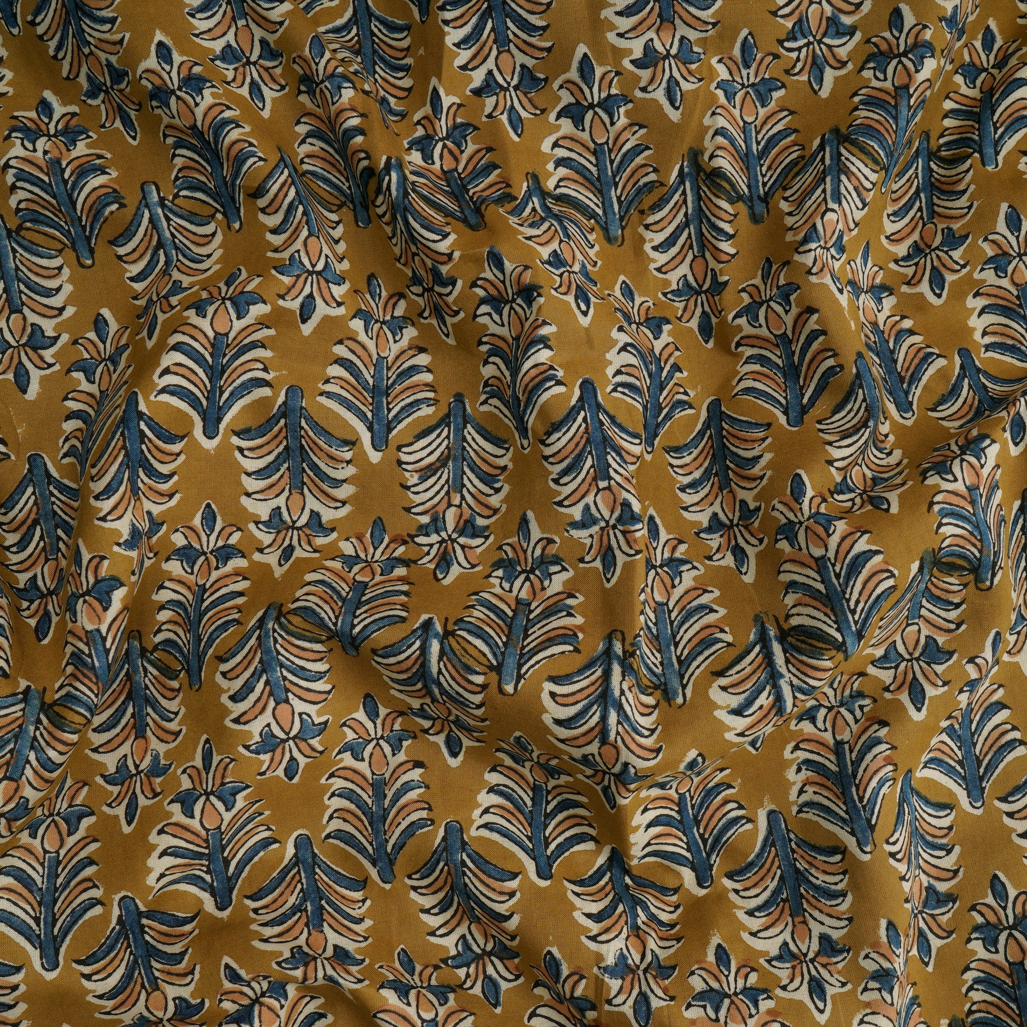 Ecru Olive Motif Pattern Natural Dye Fakira Hand Block Print Cotton Fabric