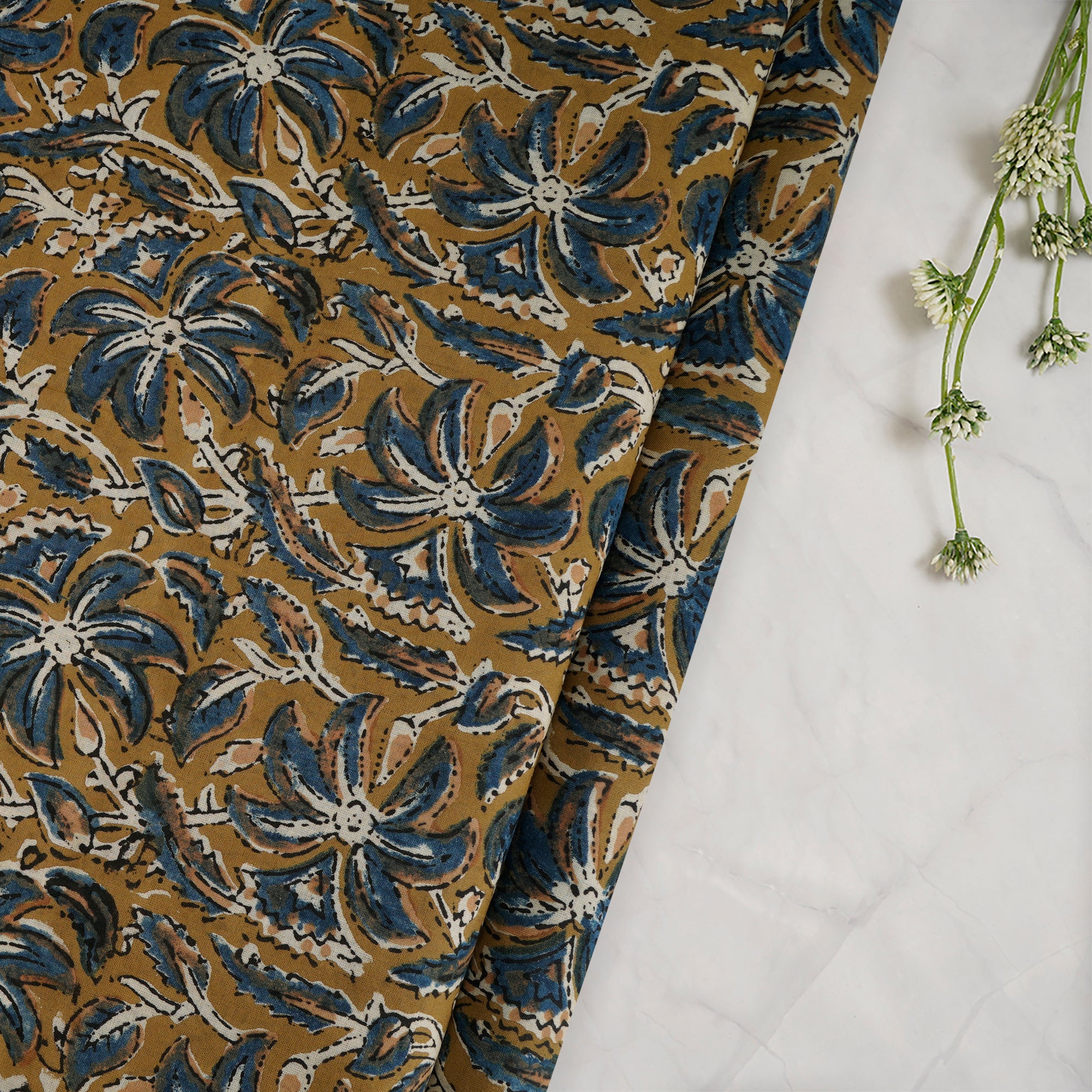 Ecru Olive Floral Pattern Natural Dye Fakira Hand Block Print Cotton Fabric