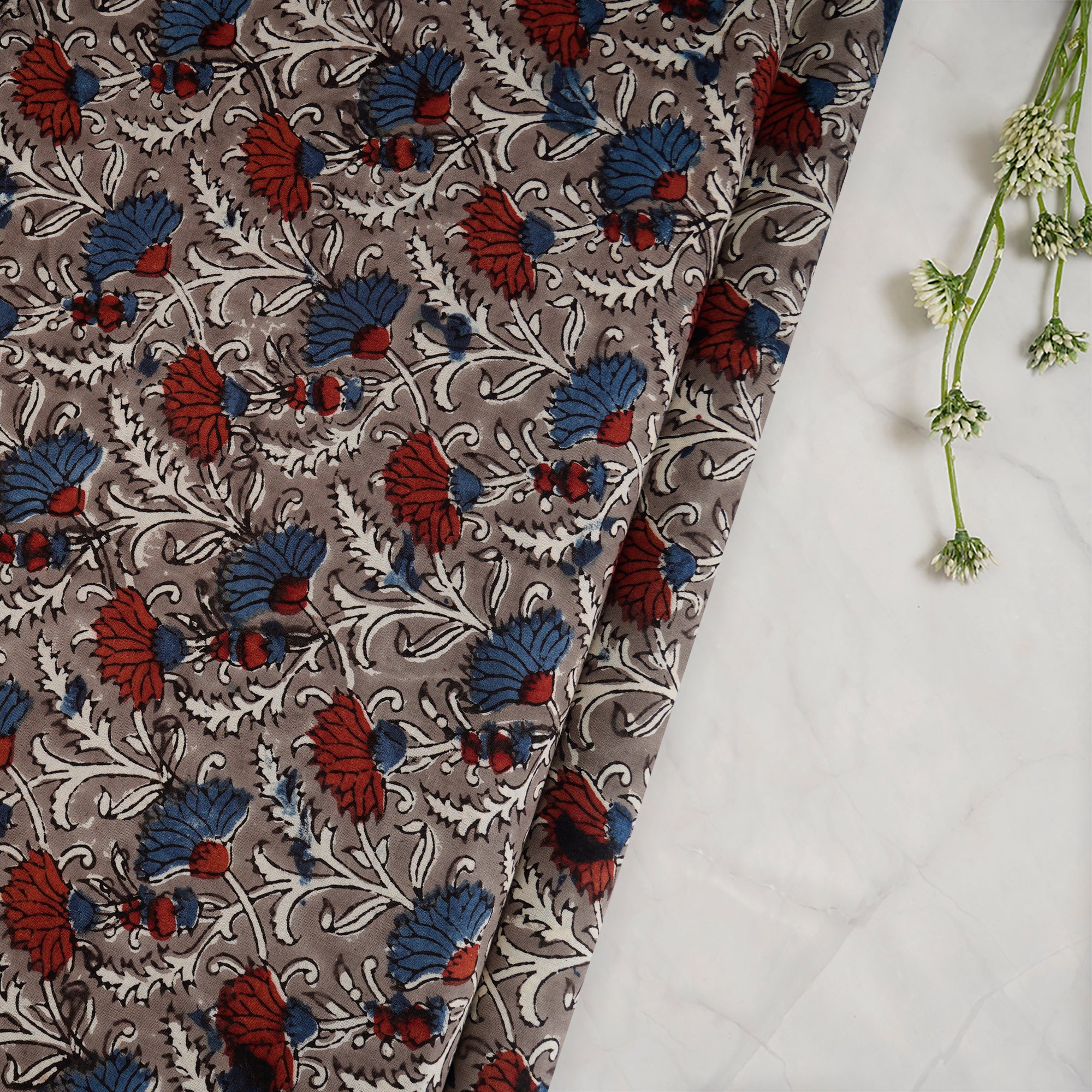 Grey Floral Pattern Natural Dye Fakira Hand Block Print Cotton Fabric