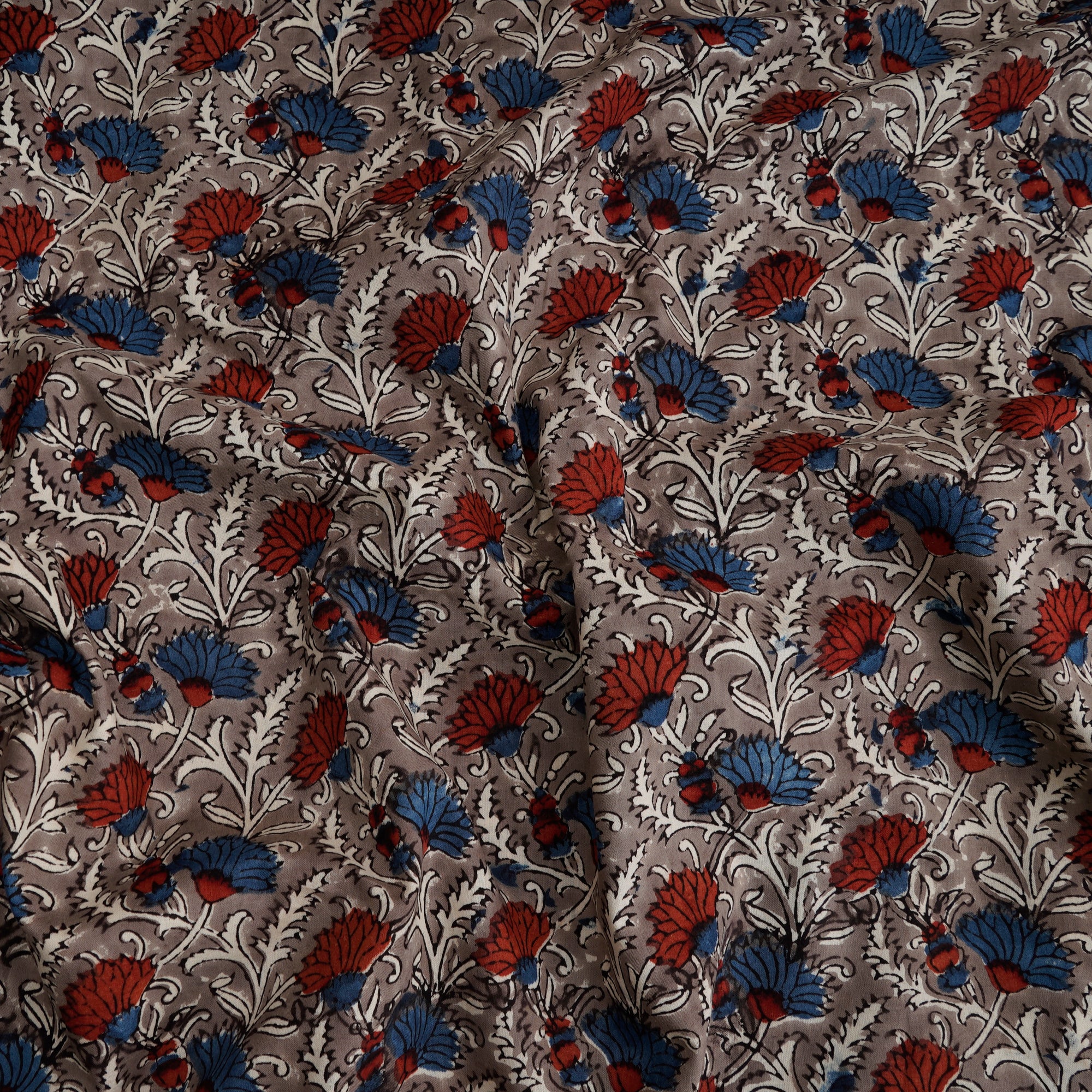 Grey Floral Pattern Natural Dye Fakira Hand Block Print Cotton Fabric