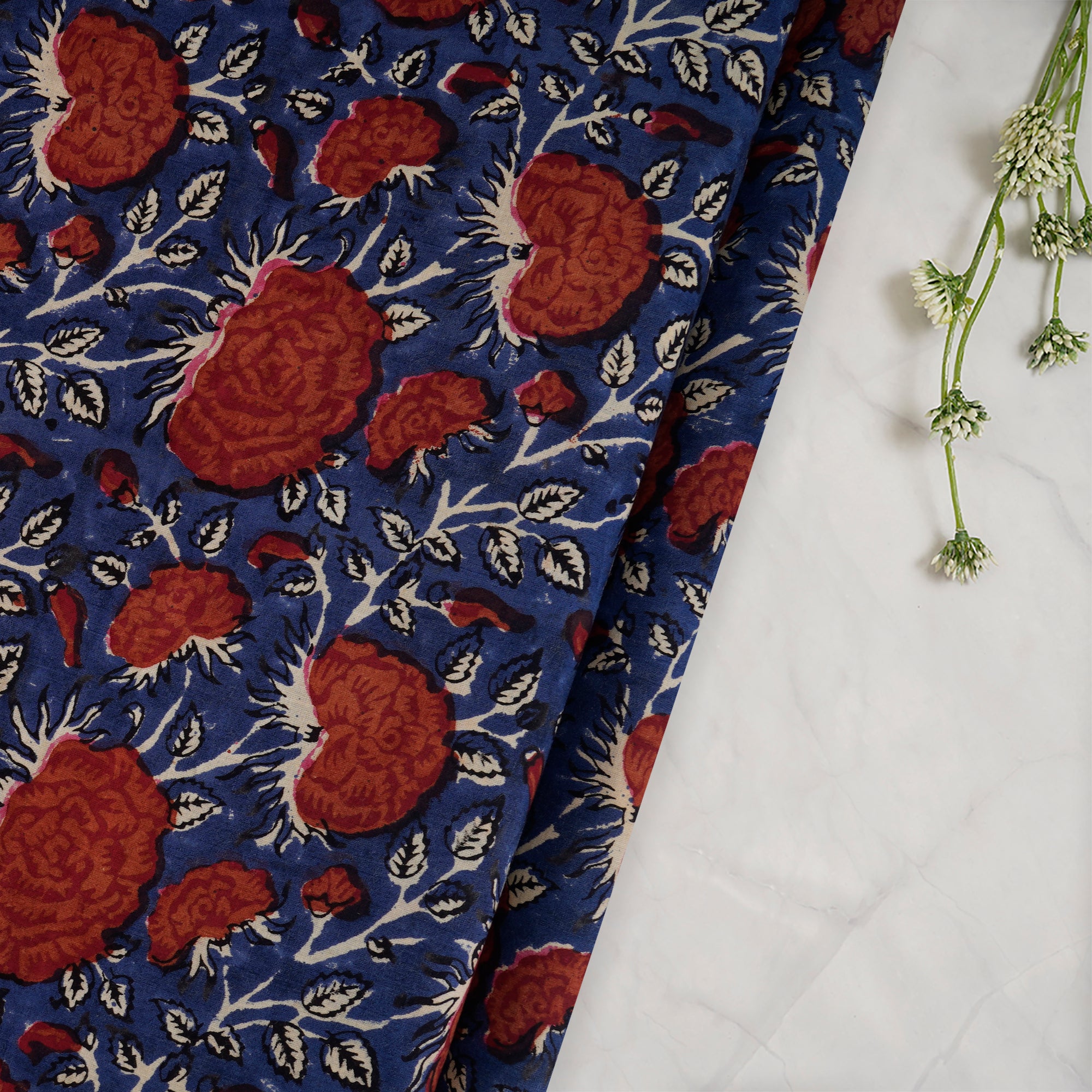 Royal Blue Floral Pattern Natural Dye Fakira Hand Block Print Cotton Fabric