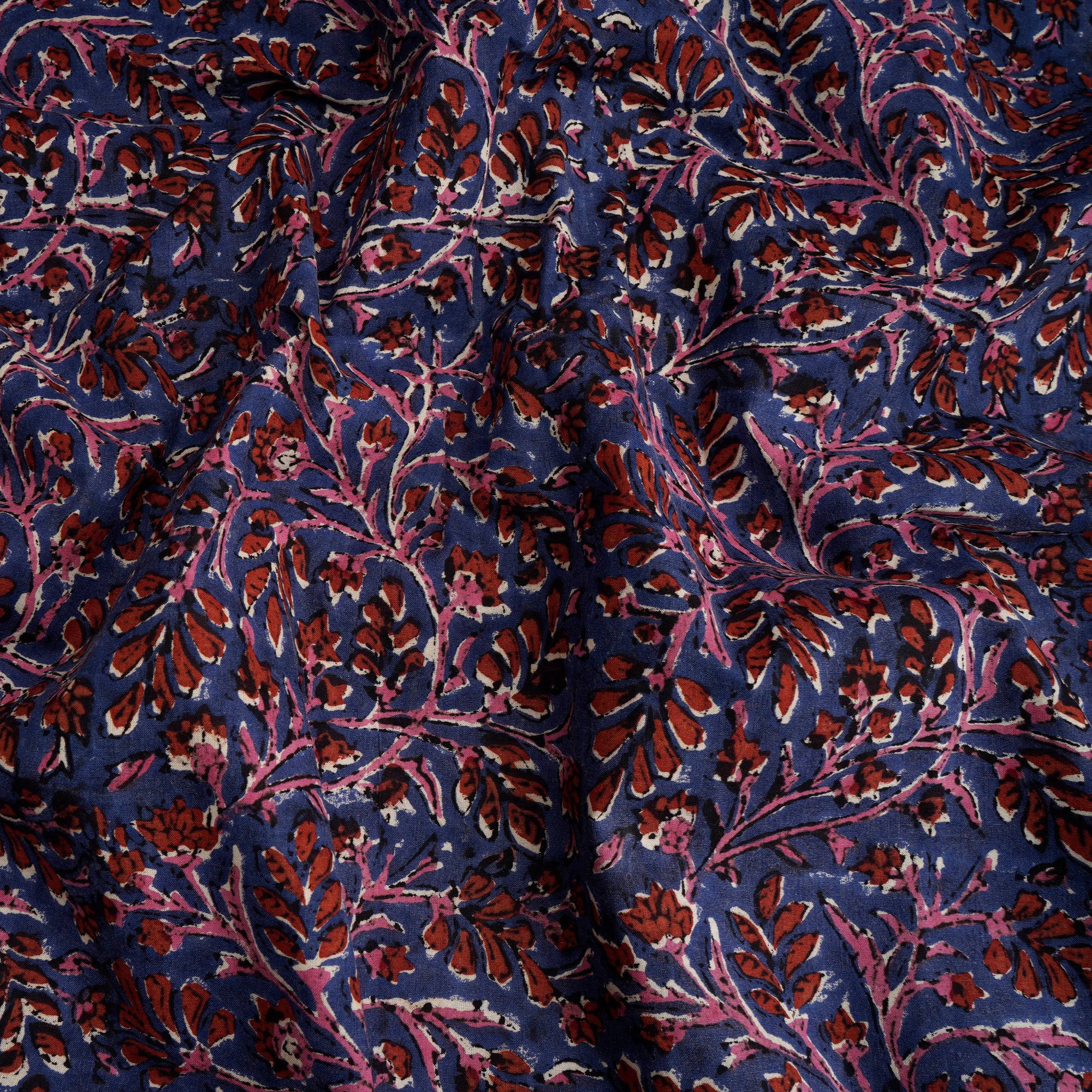 Blue Floral Pattern Natural Dye Fakira Hand Block Print Cotton Fabric