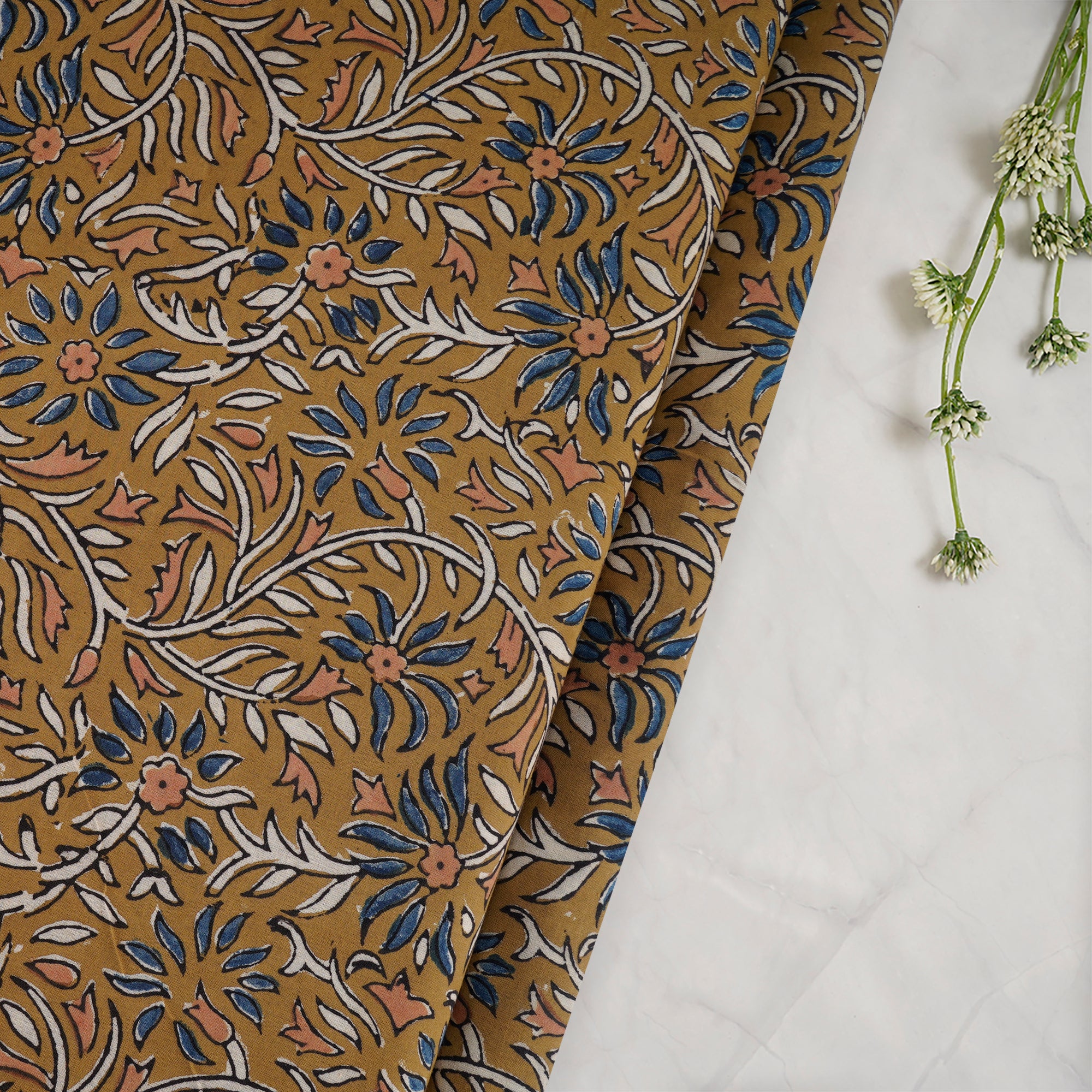 Olive Floral Pattern Natural Dye Fakira Hand Block Print Cotton Fabric