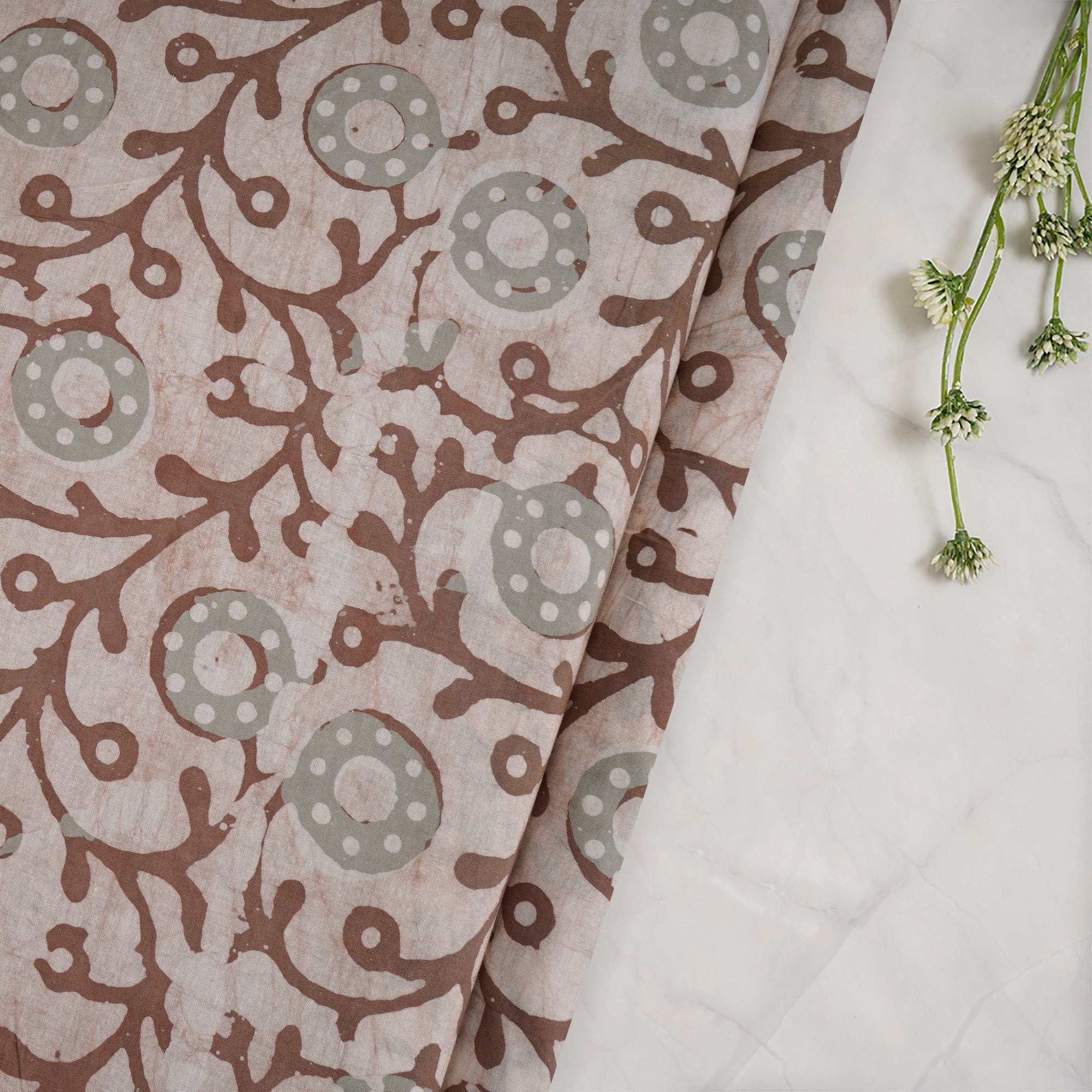 Cream Tan Handcrafted Waxed Batik Printed Cotton Fabric