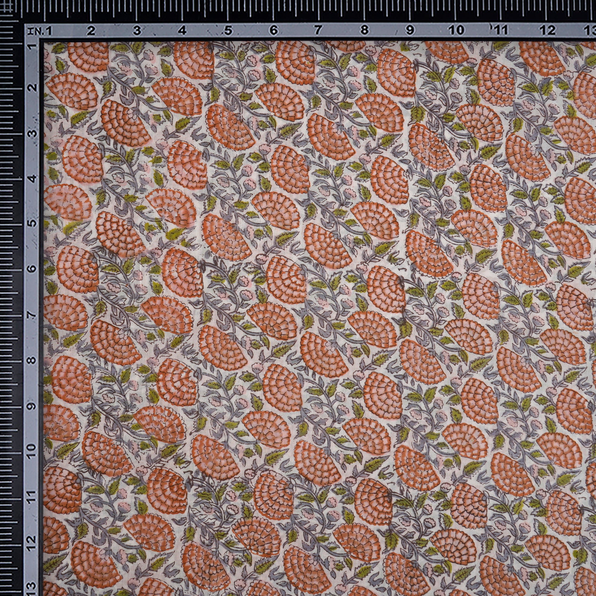 Off-White Floral Pattern Hand Block Printed Cotton Mulmul Fabric